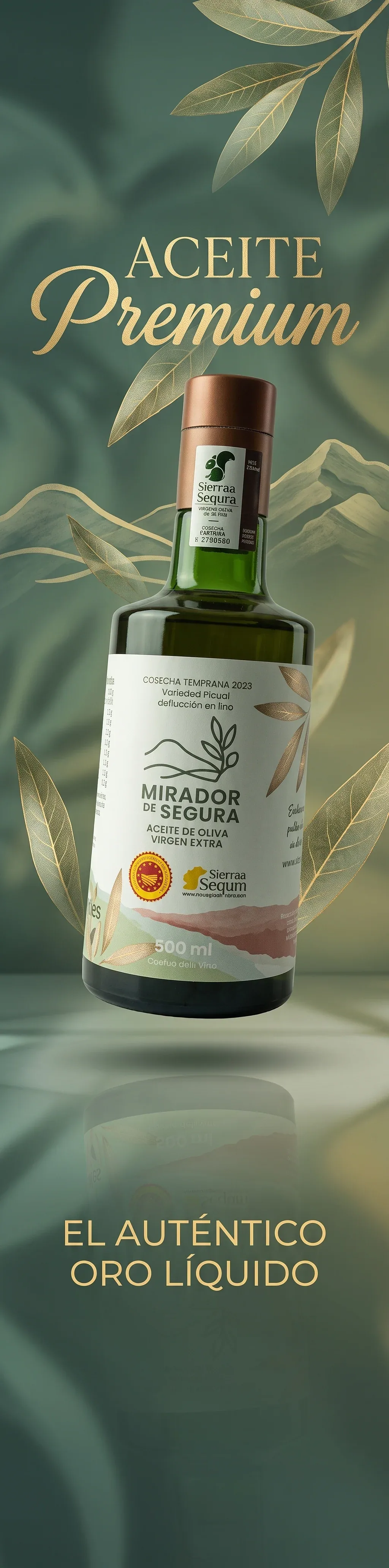 make an breathtaking, luxury, photorealistic commercial ad of bottle of olive oil, big font text prefectly bl… - AI提示词参考图，来自西西提示词