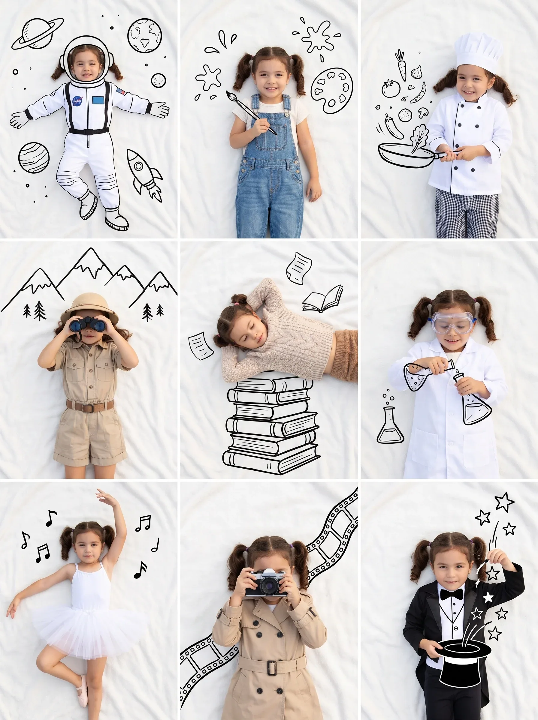 [image1] A professional 3×3 collage featuring the same beautiful young woman photographed from the reference … - AI提示词参考图，来自西西提示词