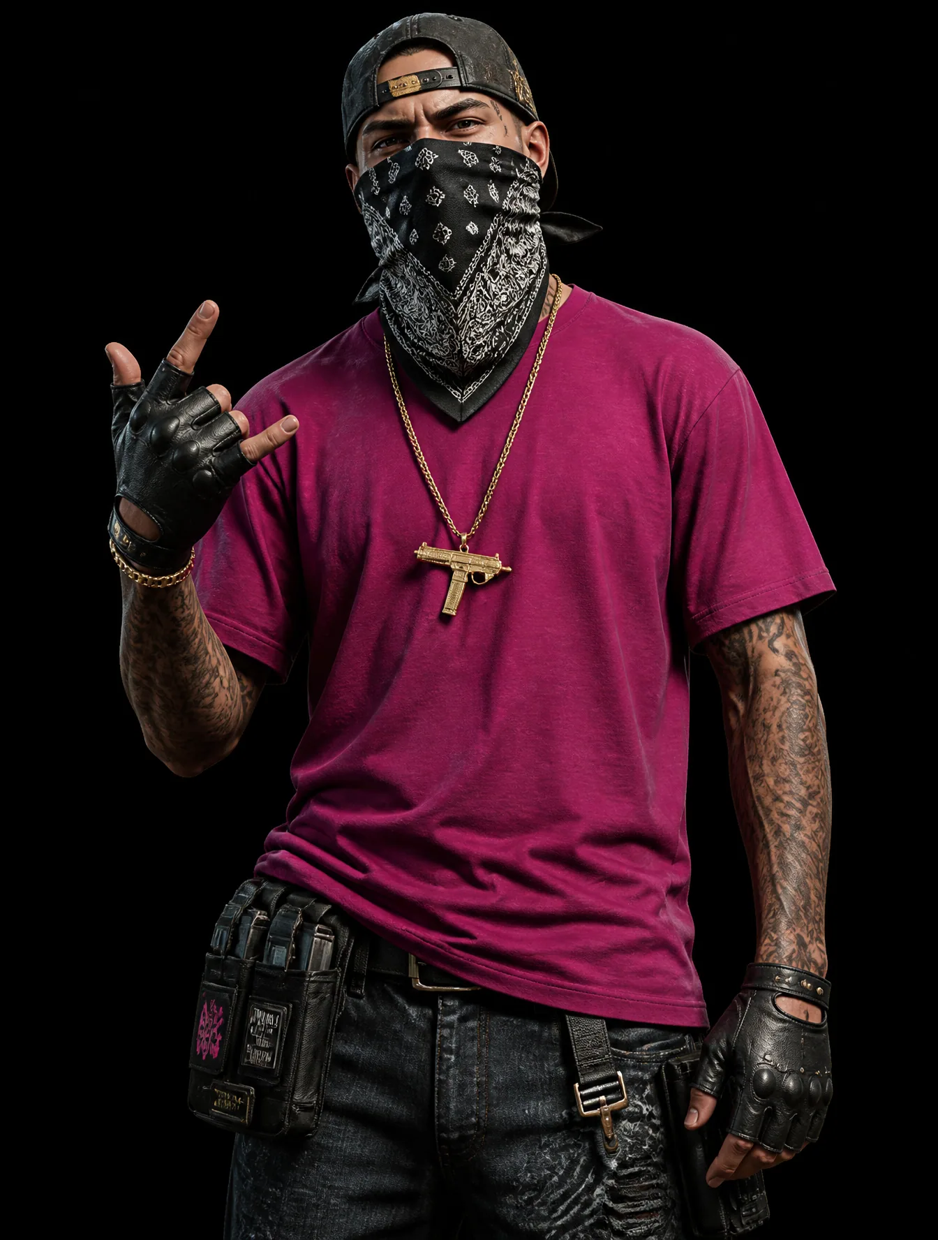 A stylized street-culture character is captured in a dynamic mid-gesture pose, wearing a vibrant magenta t-sh… - AI prompt reference from CC Prompt Galaxy