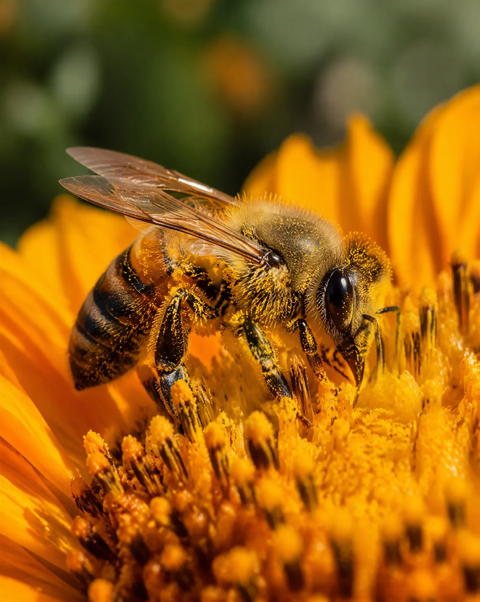 Create a hyper-realistic macro nature photograph of a honeybee in sharp detail collecting pollen from a vivid… - AI提示词参考图，来自西西提示词