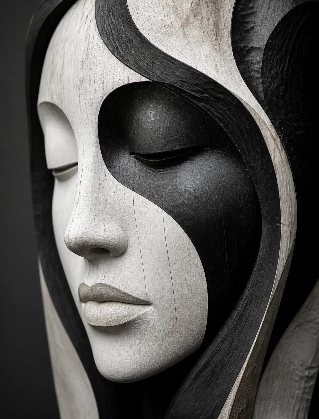 This striking photograph showcases a meticulously handcrafted wooden sculpture of a serene woman’s face, rend… - AI提示词参考图，来自西西提示词