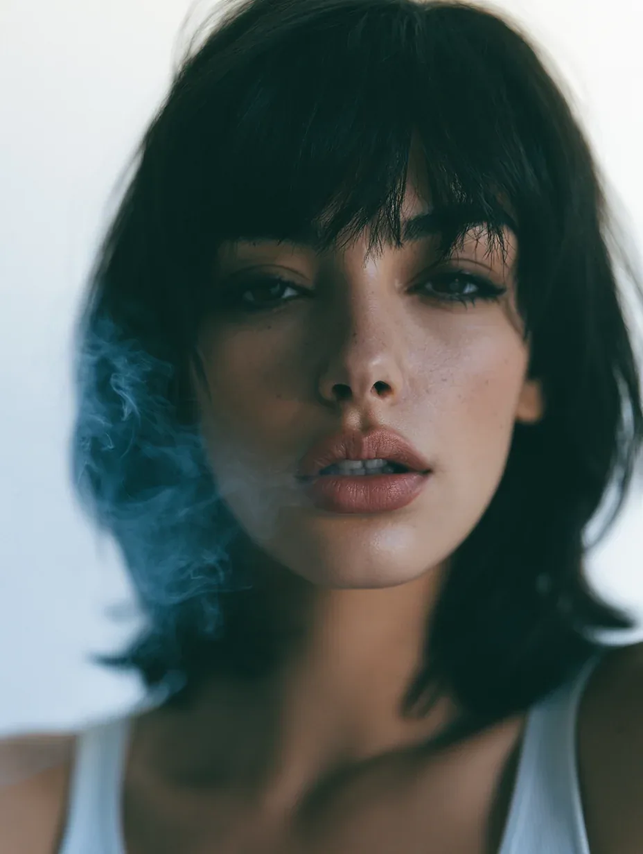 close-up of a young woman with pale blue smoke curling from her lips against a stark white background, her fe… - AI提示词参考图，来自西西提示词