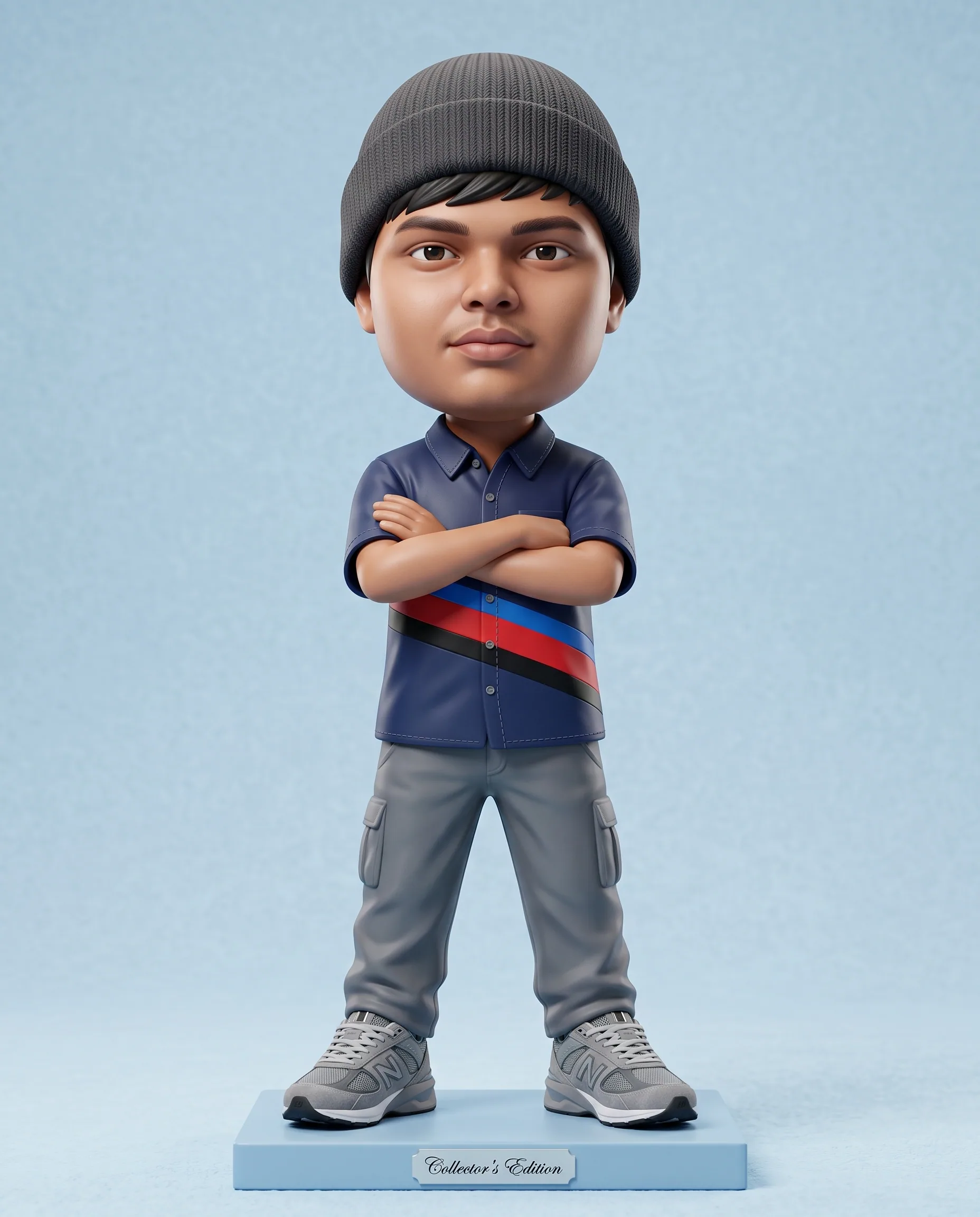 3D rendered caricature figurine, big head chibi style, wearing gray with colours stripes (adjunt image), arms… - AI提示词参考图，来自西西提示词
