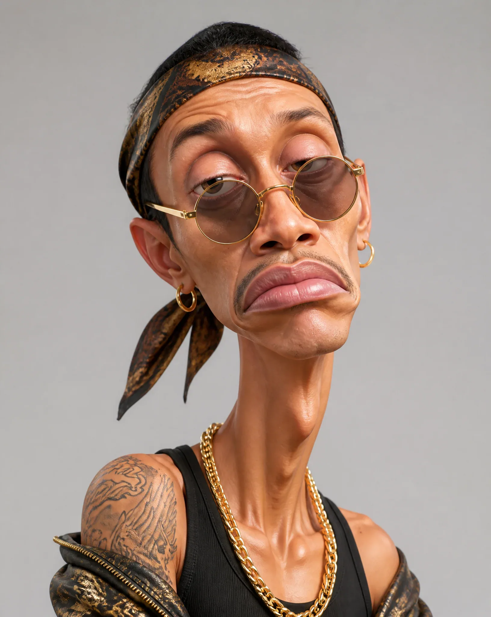 Create an exaggerated stylized 3D caricature character portrait with strong intentional deformation and a cle… - AI提示词参考图，来自西西提示词