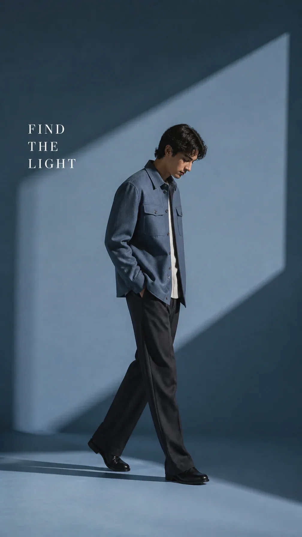 Premium minimalist editorial campaign. Main Subject: Young male model wearing a matte steel-blue overshirt. C… - AI提示词参考图，来自西西提示词