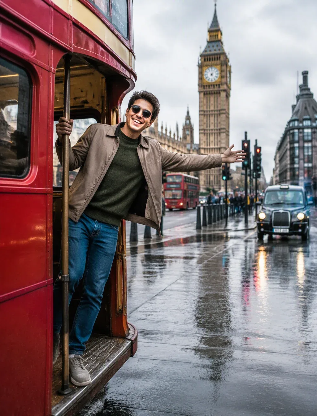 A highly realistic cinematic travel photograph of a cheerful young man with a unique face enjoying the view f… - AI prompt reference from CC Prompt Galaxy