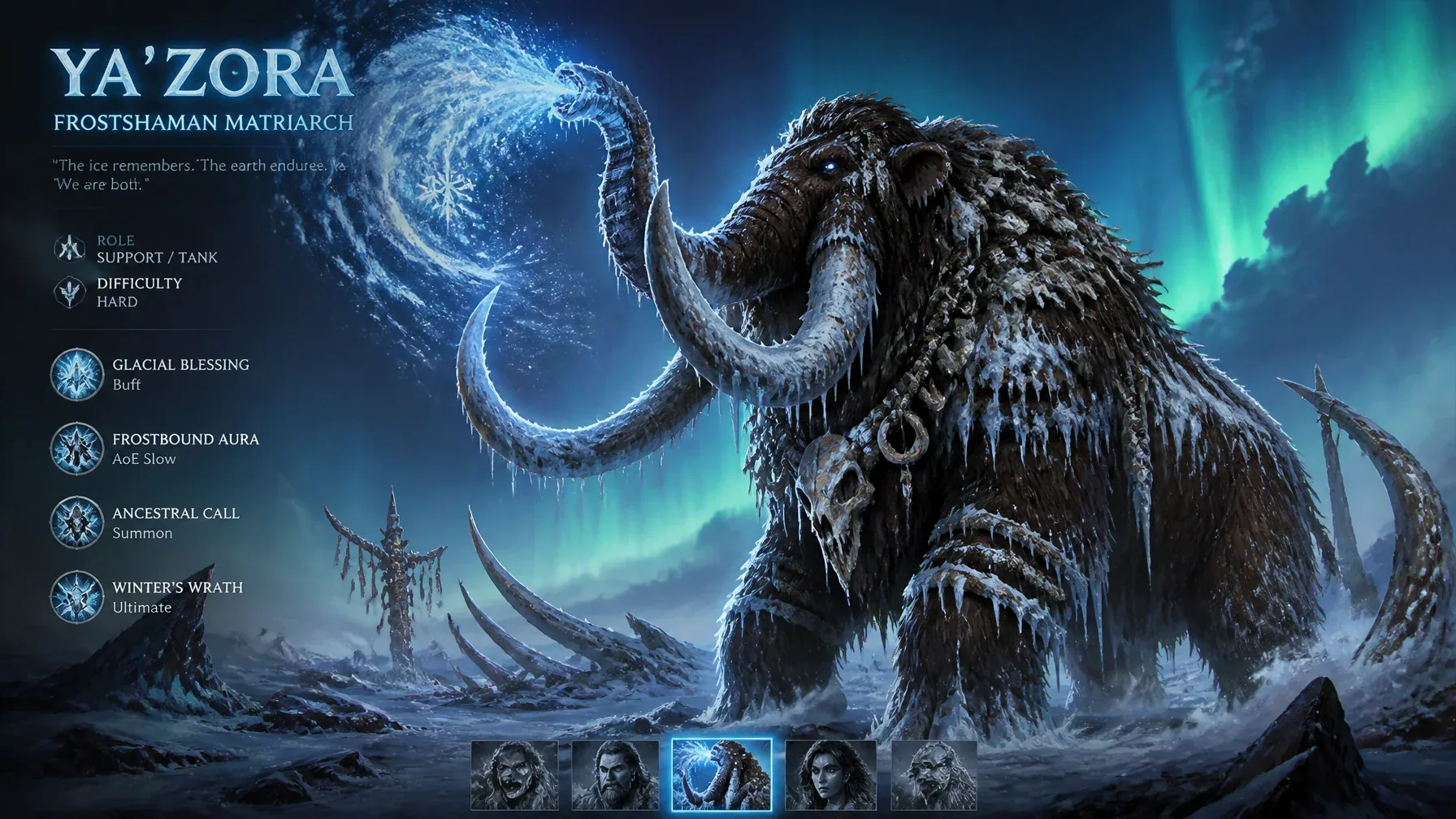 MOBA hero splash art in the style of Primal animated series, massive prehistoric mammoth shaman mother creatu… - AI提示词参考图，来自西西提示词