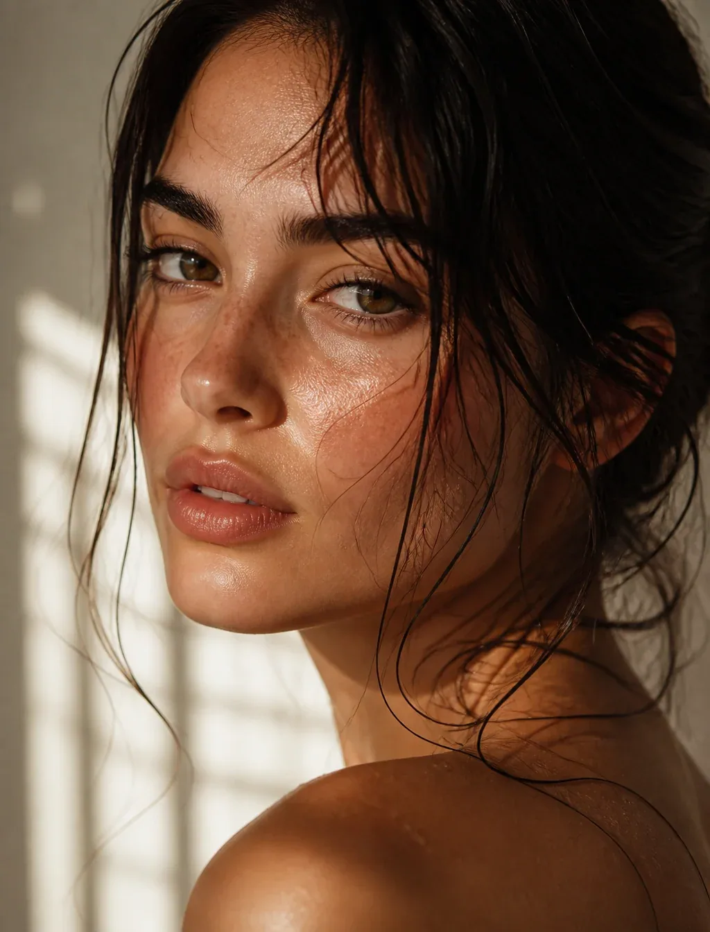 Cinematic beauty close-up portrait of a graceful woman with luminous dewy skin, delicate freckles and soft na… - AI提示词参考图，来自西西提示词
