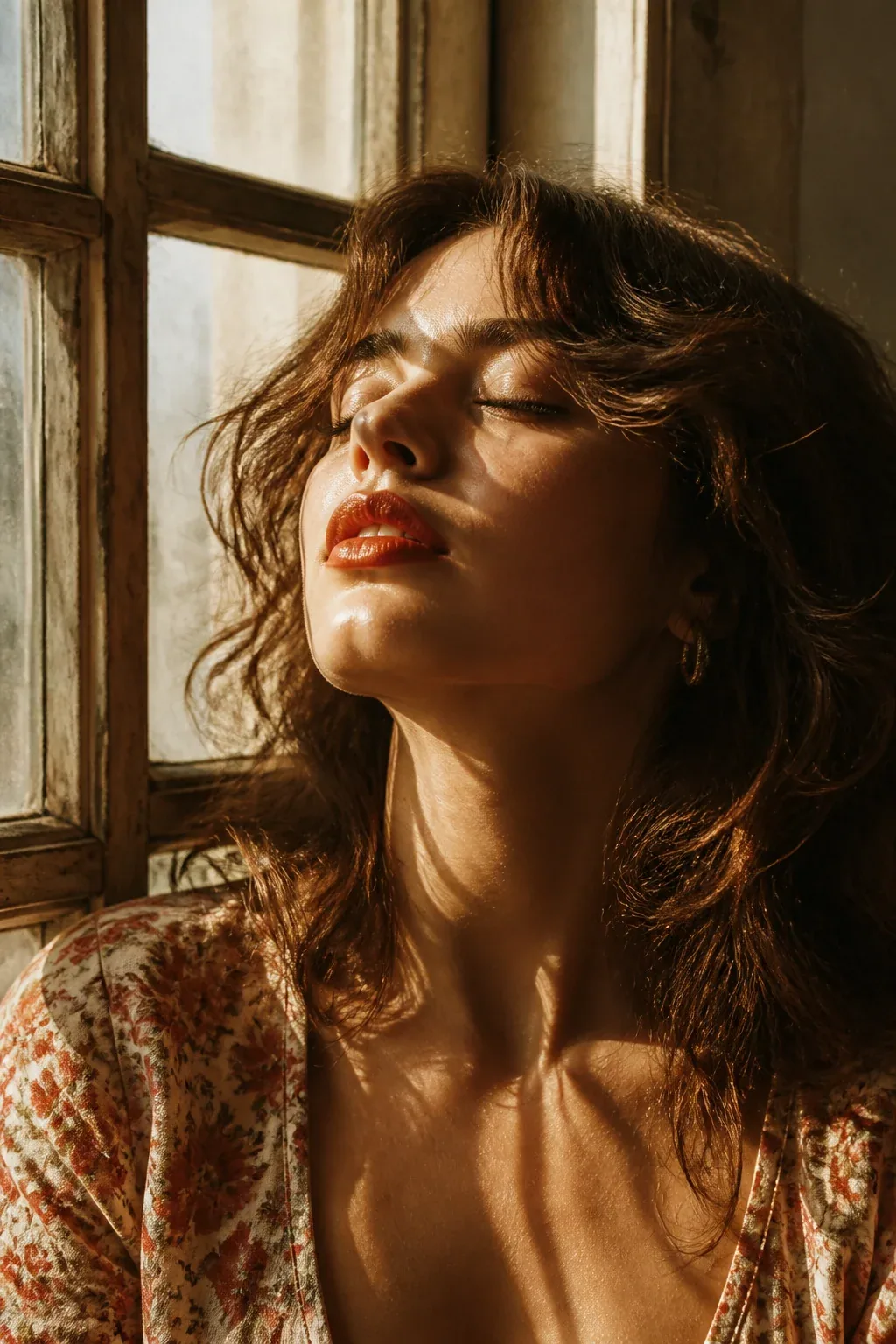 Vertical vintage film close-up portrait, young woman by old wooden window, fluffy brown wavy hair, eyes close… - AI提示词参考图，来自西西提示词