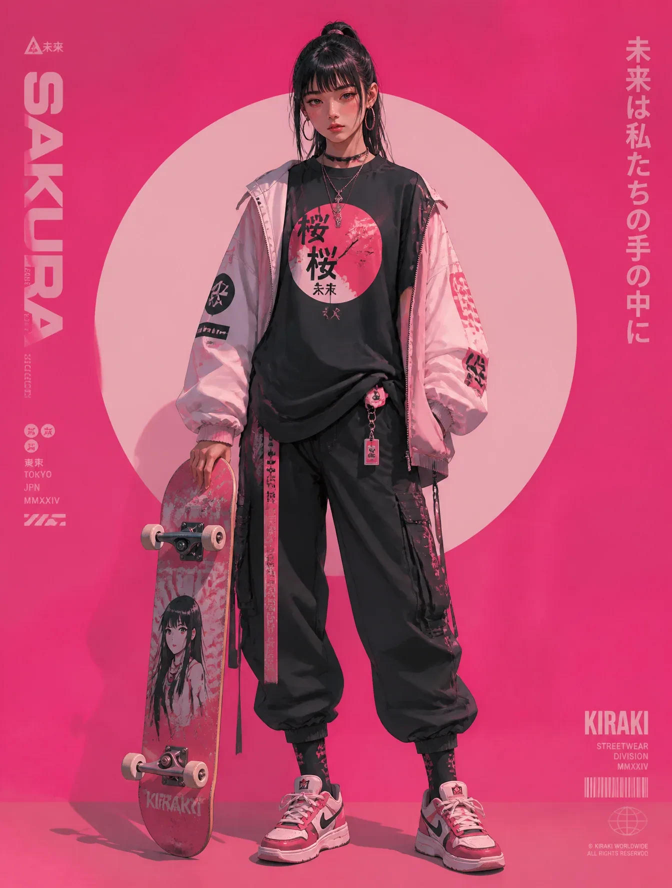 High-quality cyberpunk anime fashion illustration, resembling a luxury Japanese streetwear poster. The image … - AI提示词参考图，来自西西提示词