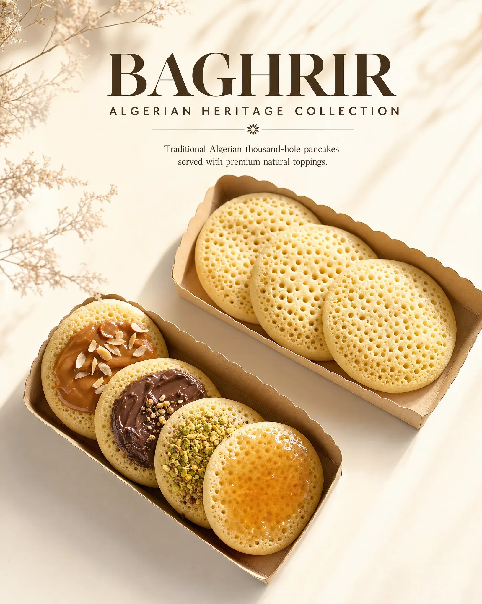 Create an ultra-premium editorial food advertising poster featuring authentic Algerian Baghrir (Thousand-Hole… - AI prompt reference from CC Prompt Galaxy