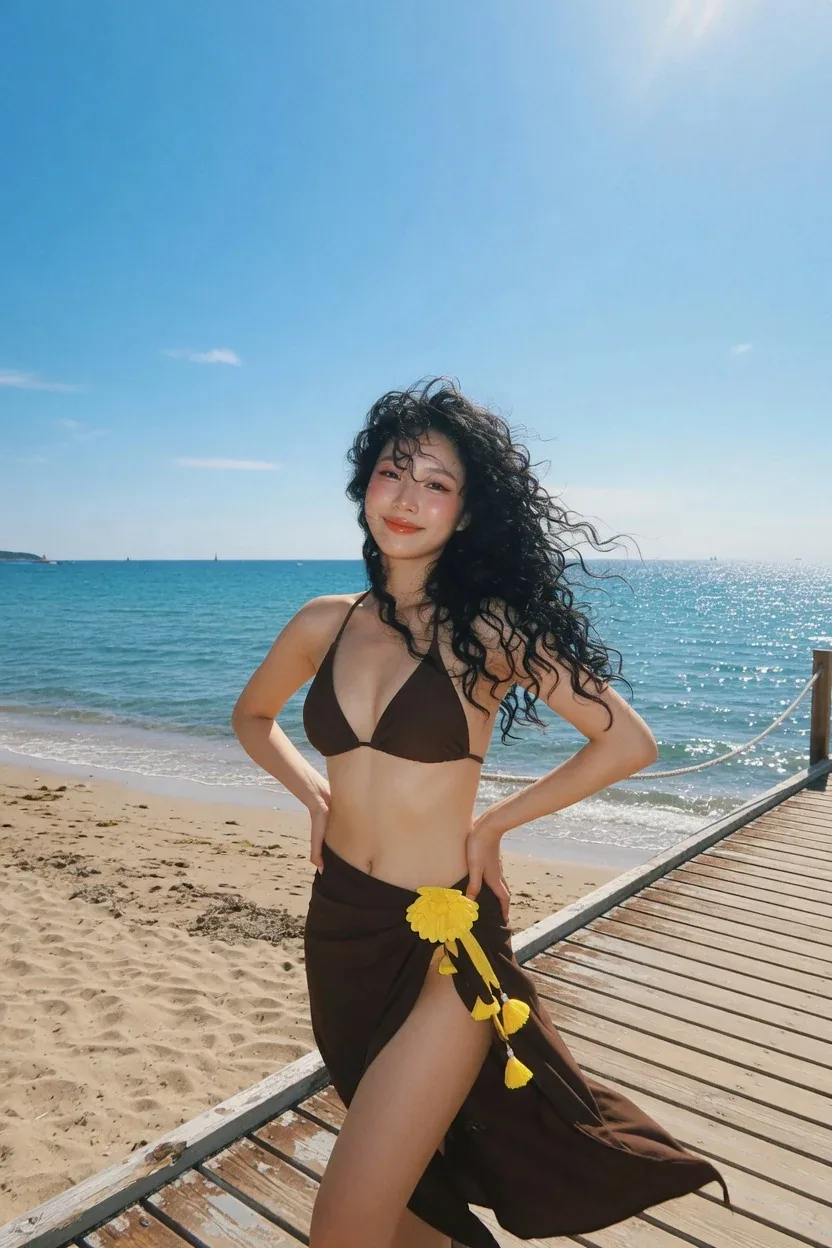 Vertical seaside beach travel portrait, bright sunny clear blue sky, vast blue sea, wooden boardwalk on sandy… - AI提示词参考图，来自西西提示词