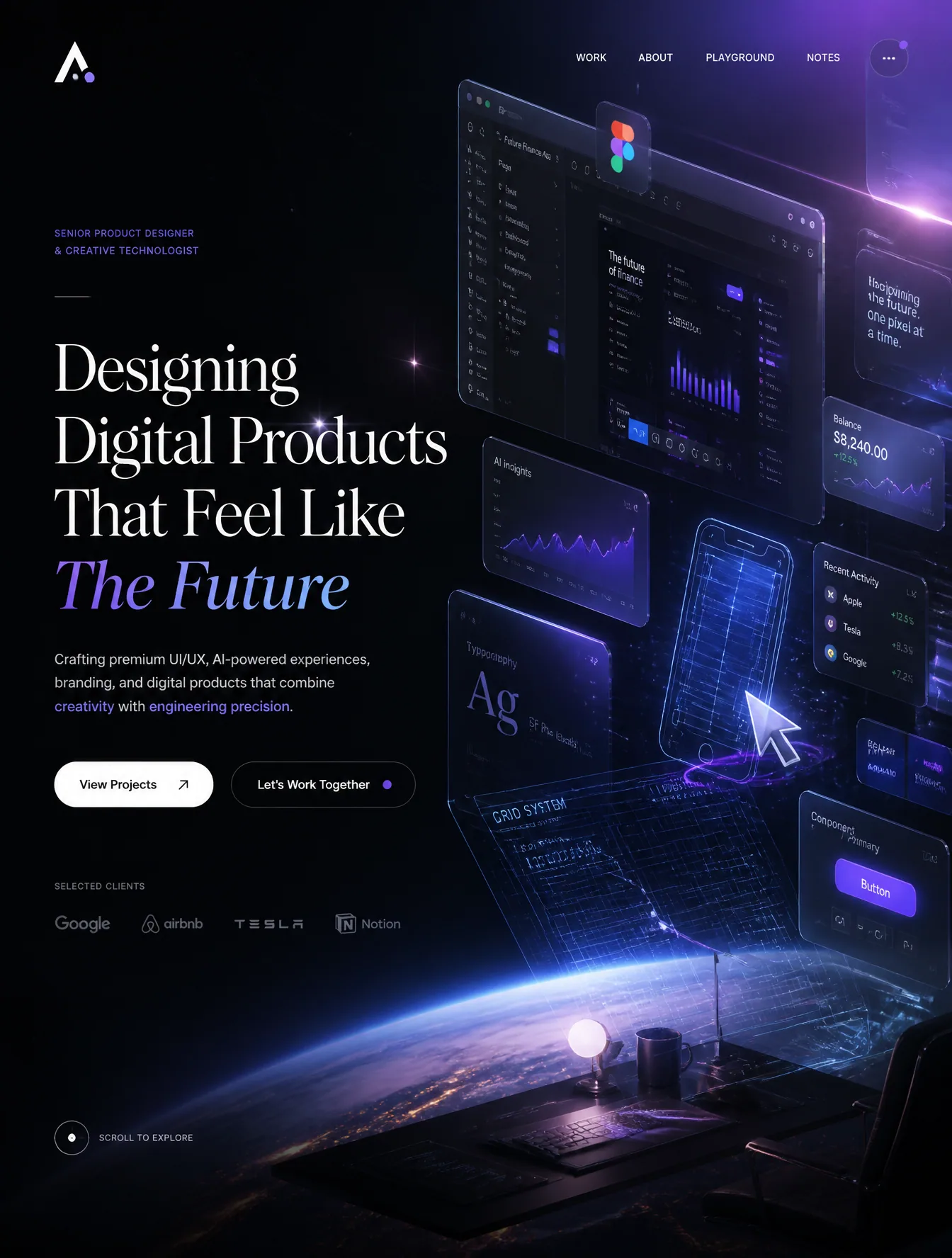 Design an award-winning hero section for a personal portfolio website of a Senior Product Designer and Creati… - AI prompt reference from CC Prompt Galaxy