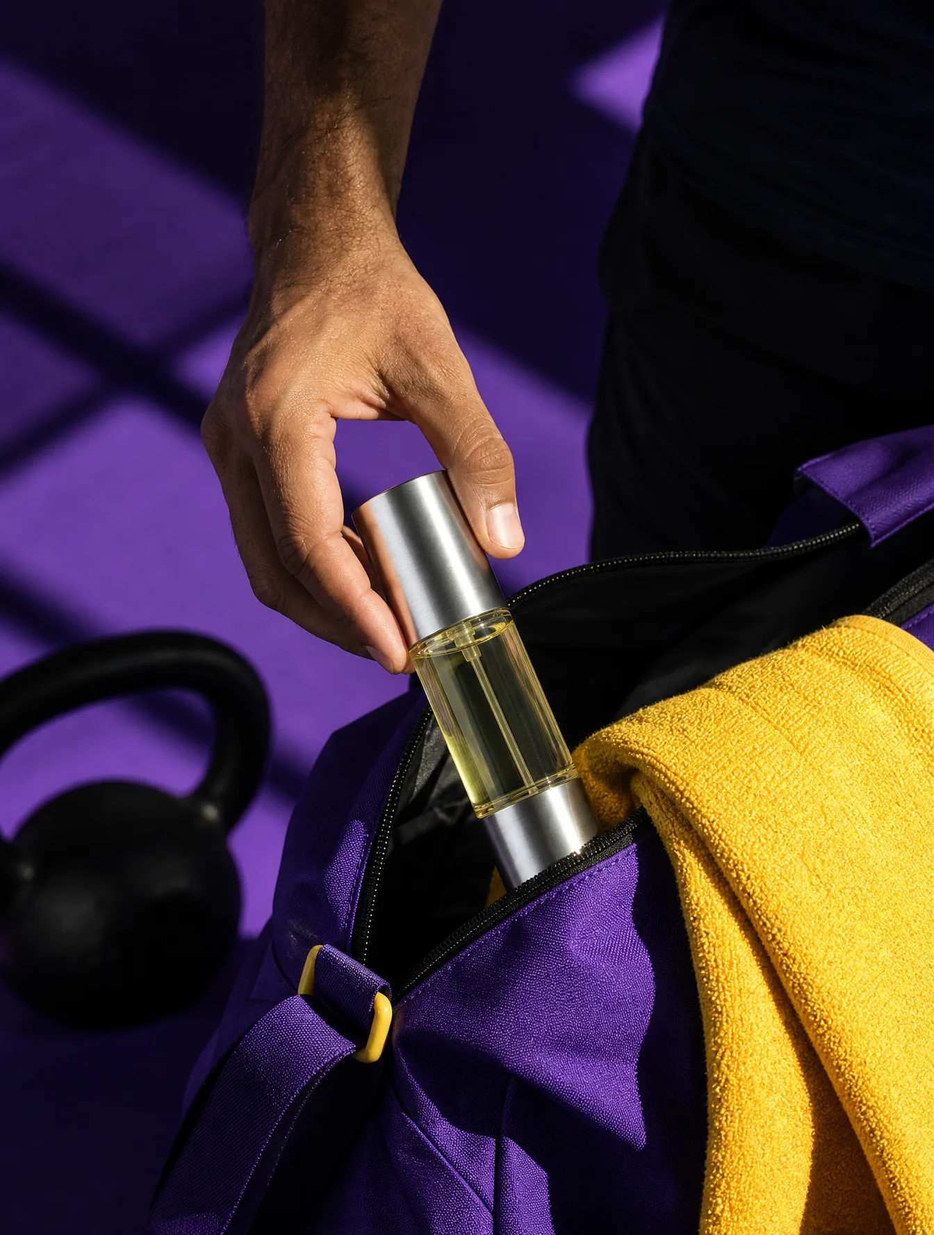 Premium lifestyle beauty photography. A man places product @img1 into a gym bag after a workout. Deep purple … - AI prompt reference from CC Prompt Galaxy