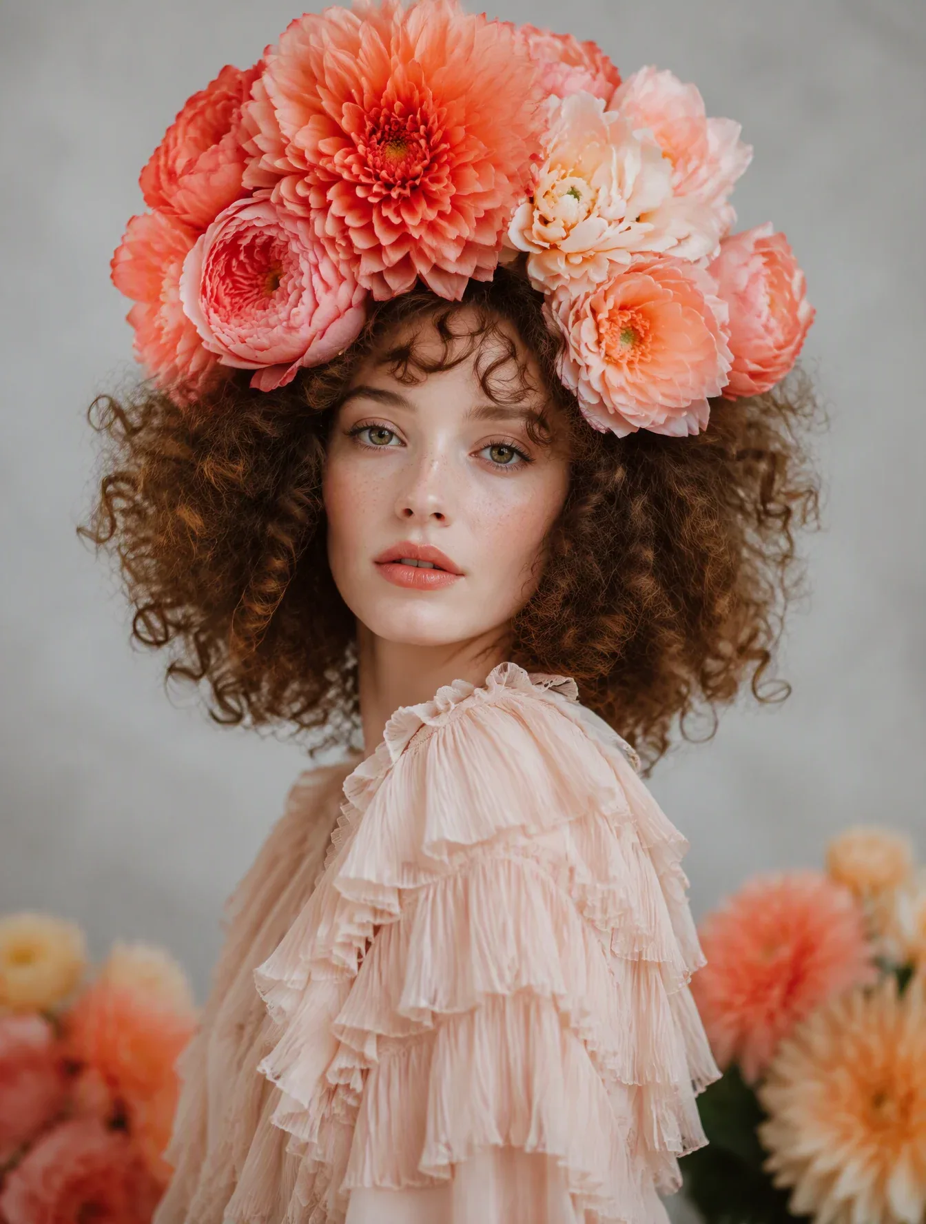 A detailed studio portrait of a young woman with voluminous, natural curly brown hair, looking directly at th… - AI提示词参考图，来自西西提示词