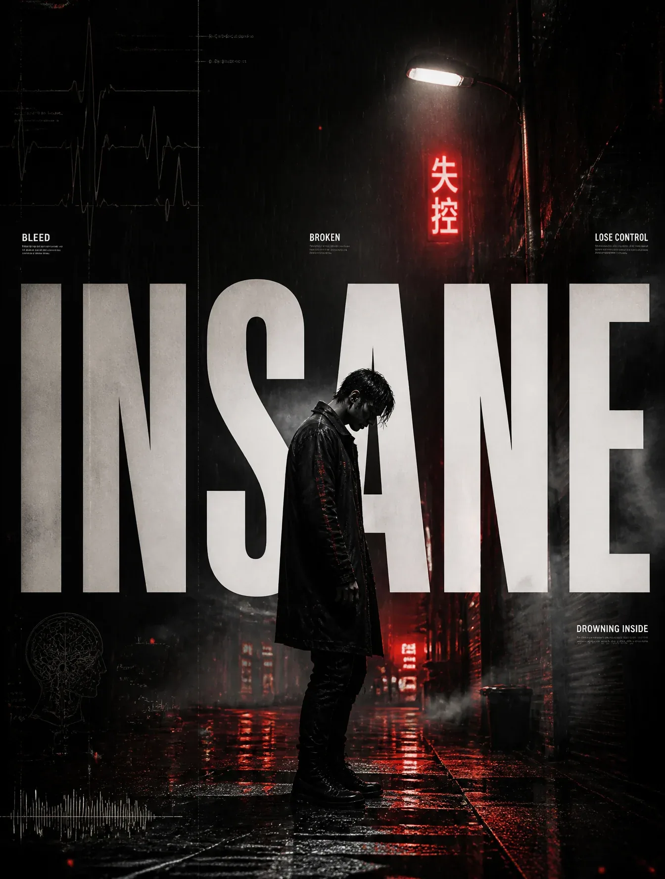 A cinematic professional music cover titled "INSANE", featuring a lone young man standing in a rain-soaked ur… - AI prompt reference from CC Prompt Galaxy