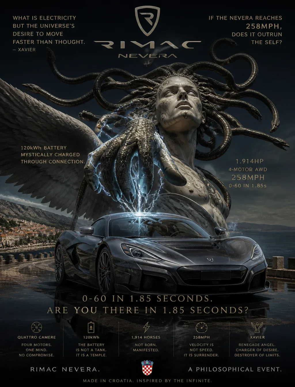 Create a spiritually unsettling premium automotive poster of Rimac Nevera in Xavier: Renegade Angel uncanny C… - AI提示词参考图，来自西西提示词