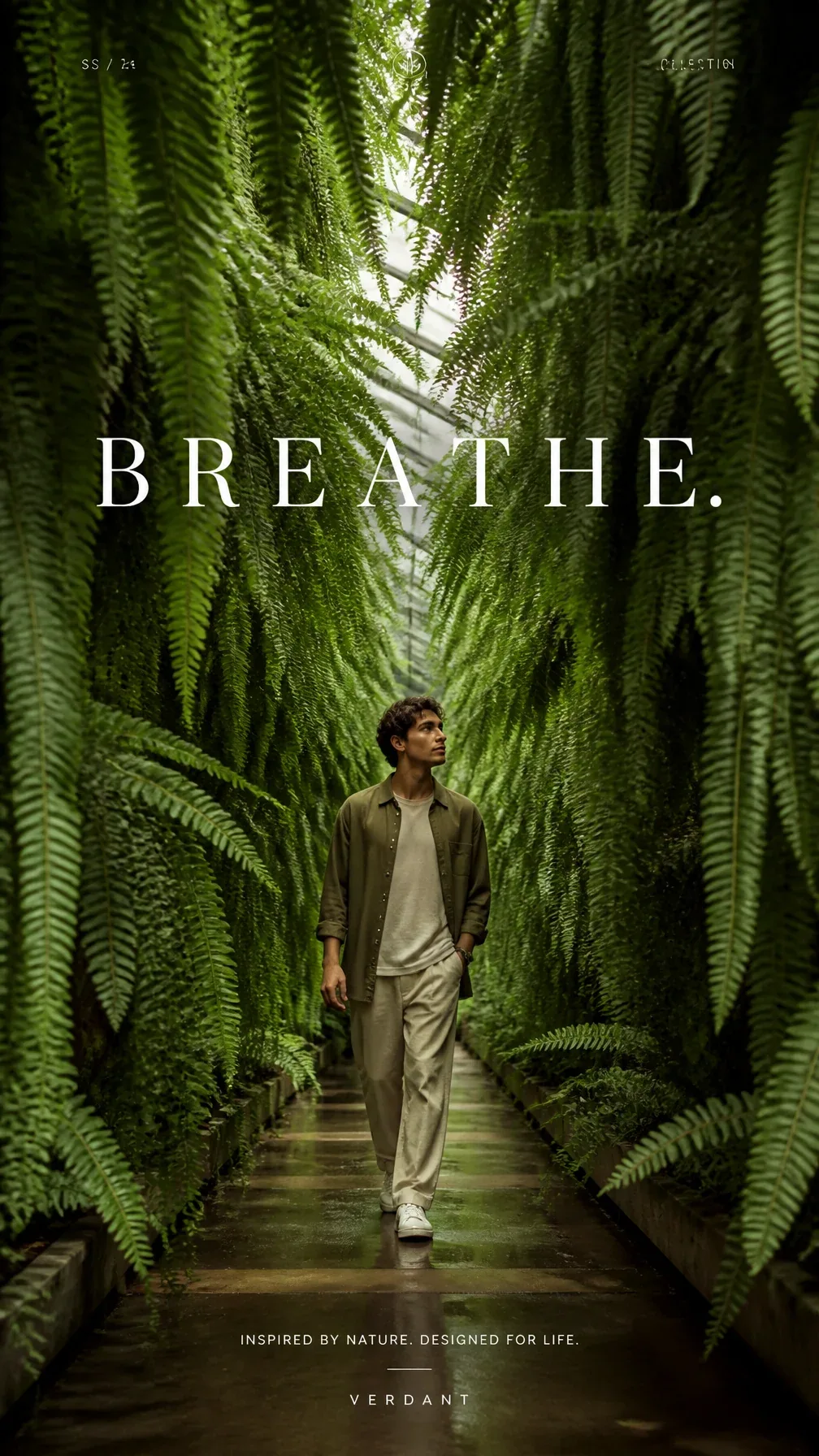 Premium editorial campaign. Main Subject: Young man inside a greenhouse filled entirely with hanging ferns. C… - AI提示词参考图，来自西西提示词