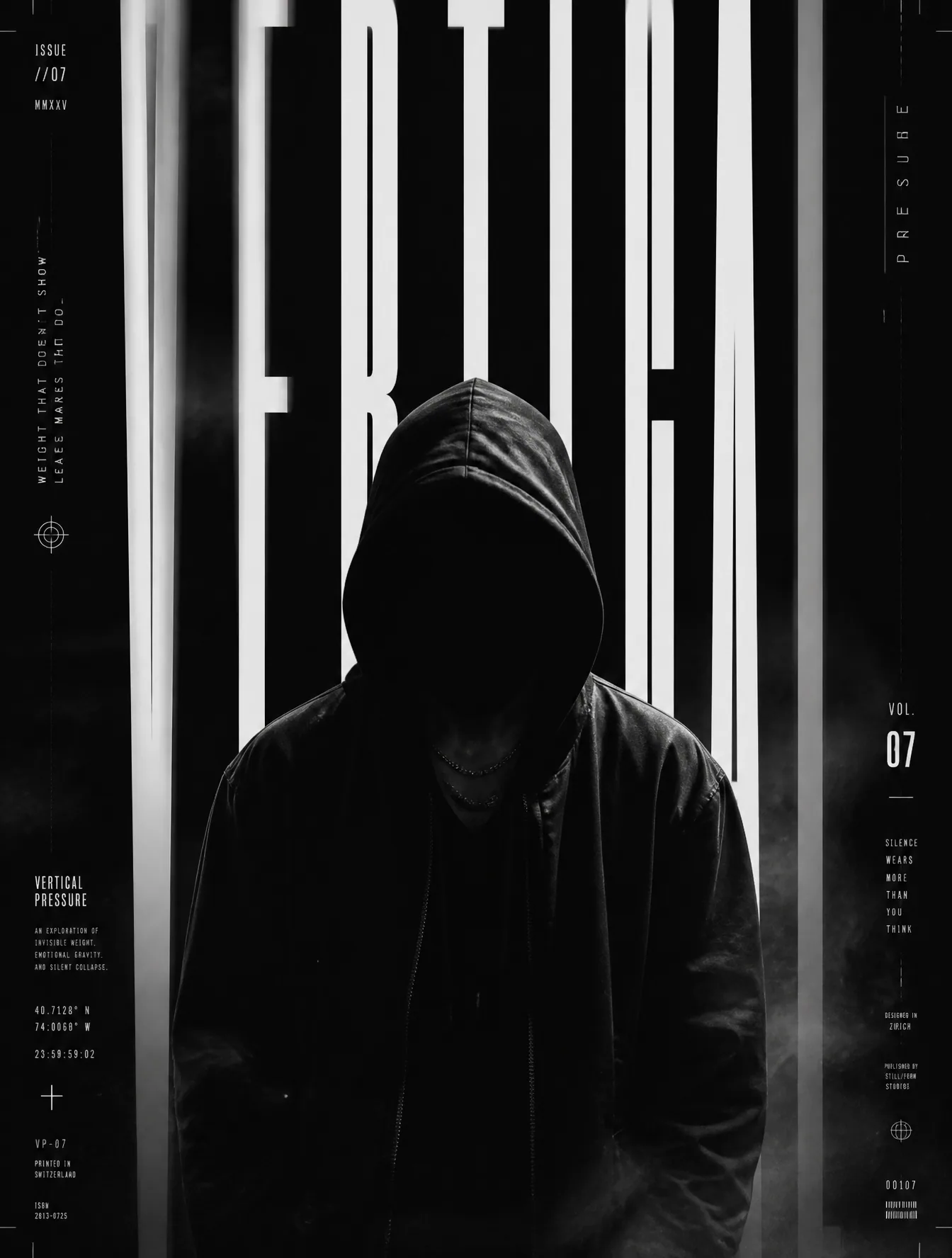 # VERTICAL PRESSURE### Premium Editorial Album Cover Prompt> A haunting cinematic portrait of an emotionally … - AI提示词参考图，来自西西提示词