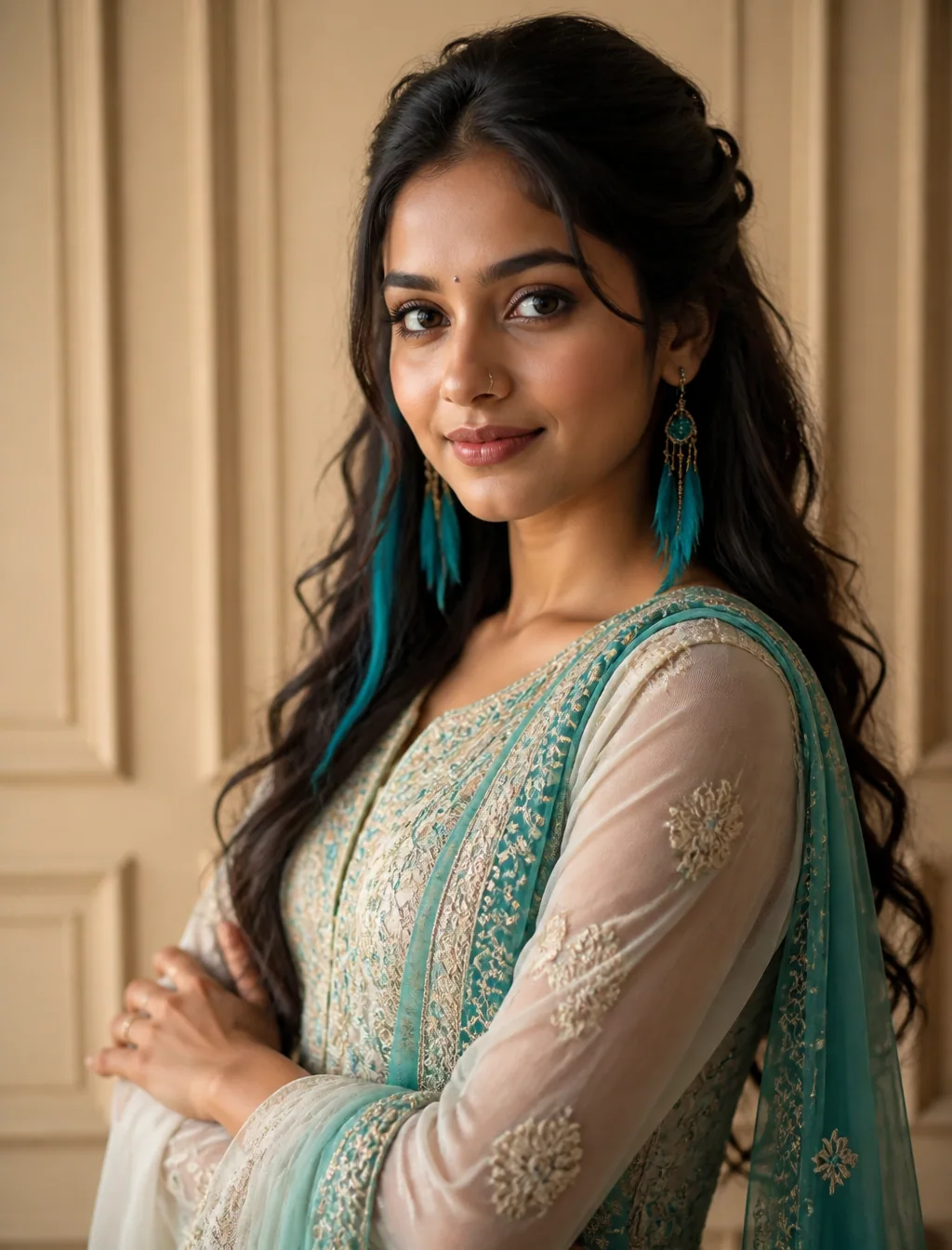 A young South Asian woman poses in a three-quarter portrait, gently crossing her arms while looking directly … - AI提示词参考图，来自西西提示词