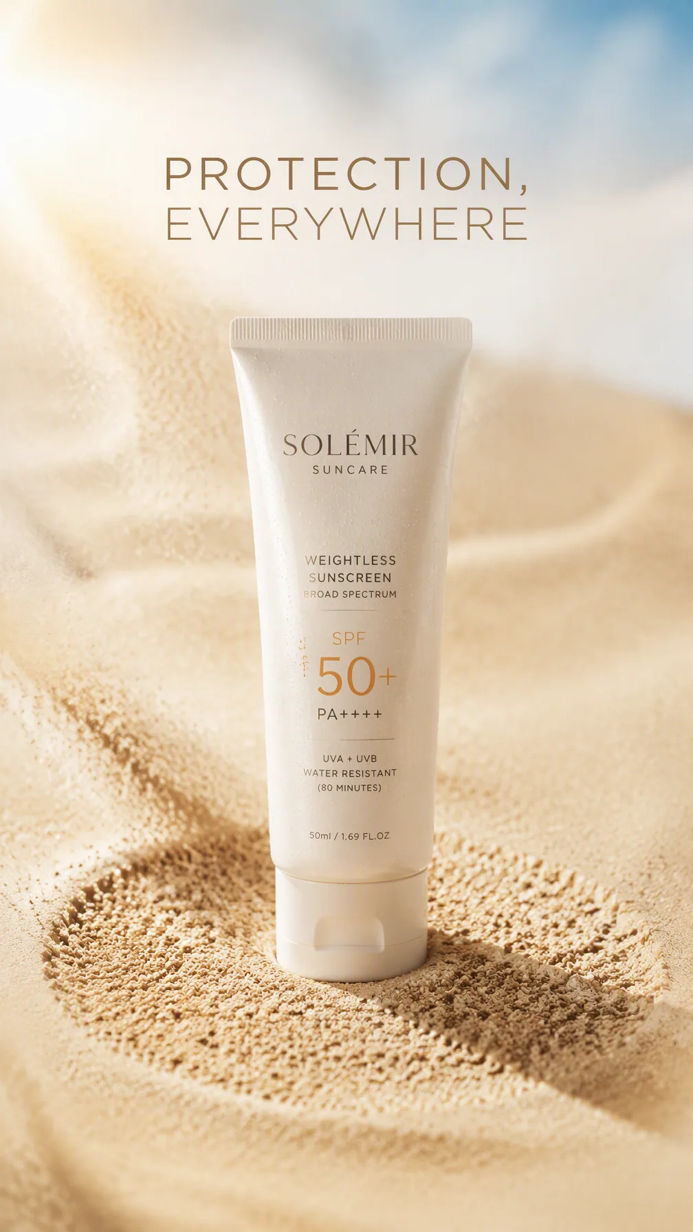 Premium 4:5 advertising poster for a premium sunscreen brand. A single sunscreen tube standing on pale sand, … - AI prompt reference from CC Prompt Galaxy