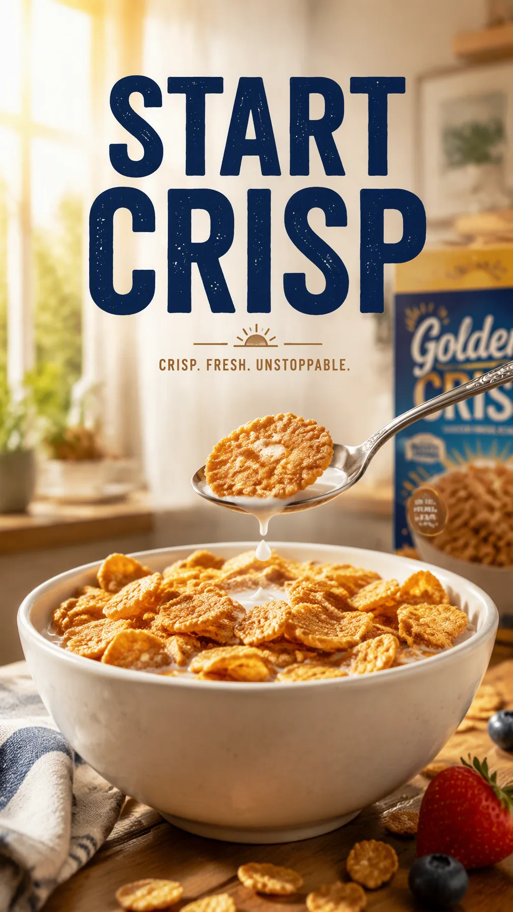 Premium 4:5 advertising poster for a premium breakfast cereal brand. A white ceramic bowl filled with golden … - AI提示词参考图，来自西西提示词