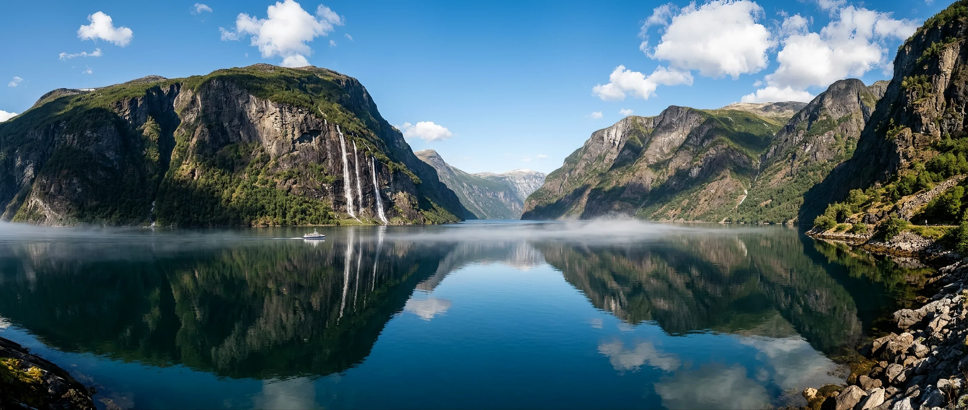 Cinematic landscape of dramatic Norwegian fjord with vertical cliff walls, crisp clear midday with sharp shad… - AI提示词参考图，来自西西提示词