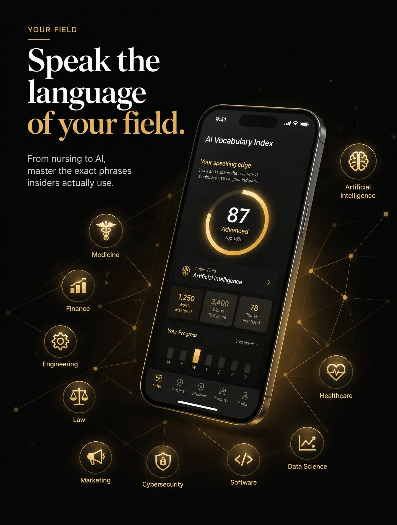 Create an ultra-premium Apple App Store and Google Play Store screenshot for the language learning applicatio… - AI提示词参考图，来自西西提示词