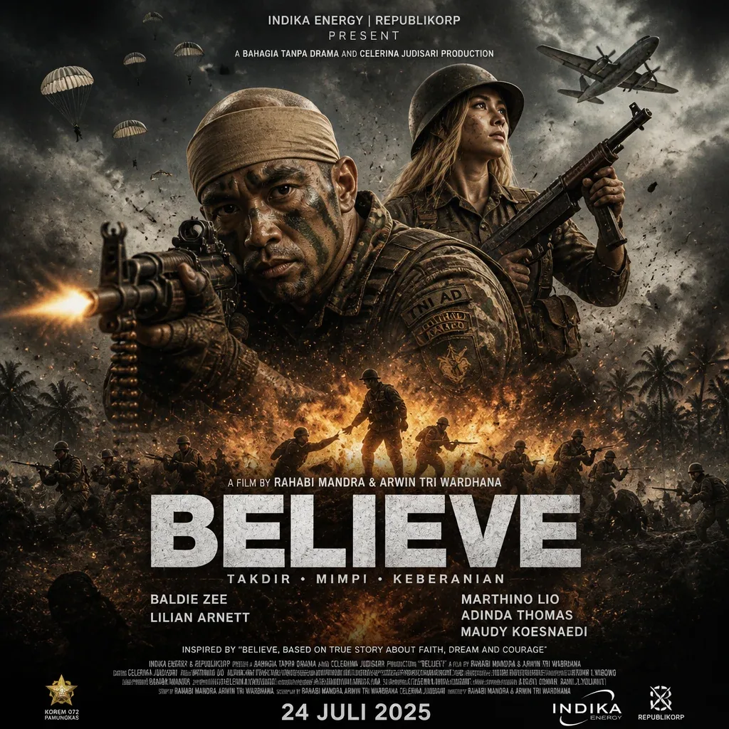 A detailed, high-contrast war drama movie poster for the film 'BELIEVE'.Overall Composition:The poster is a d… - AI提示词参考图，来自西西提示词