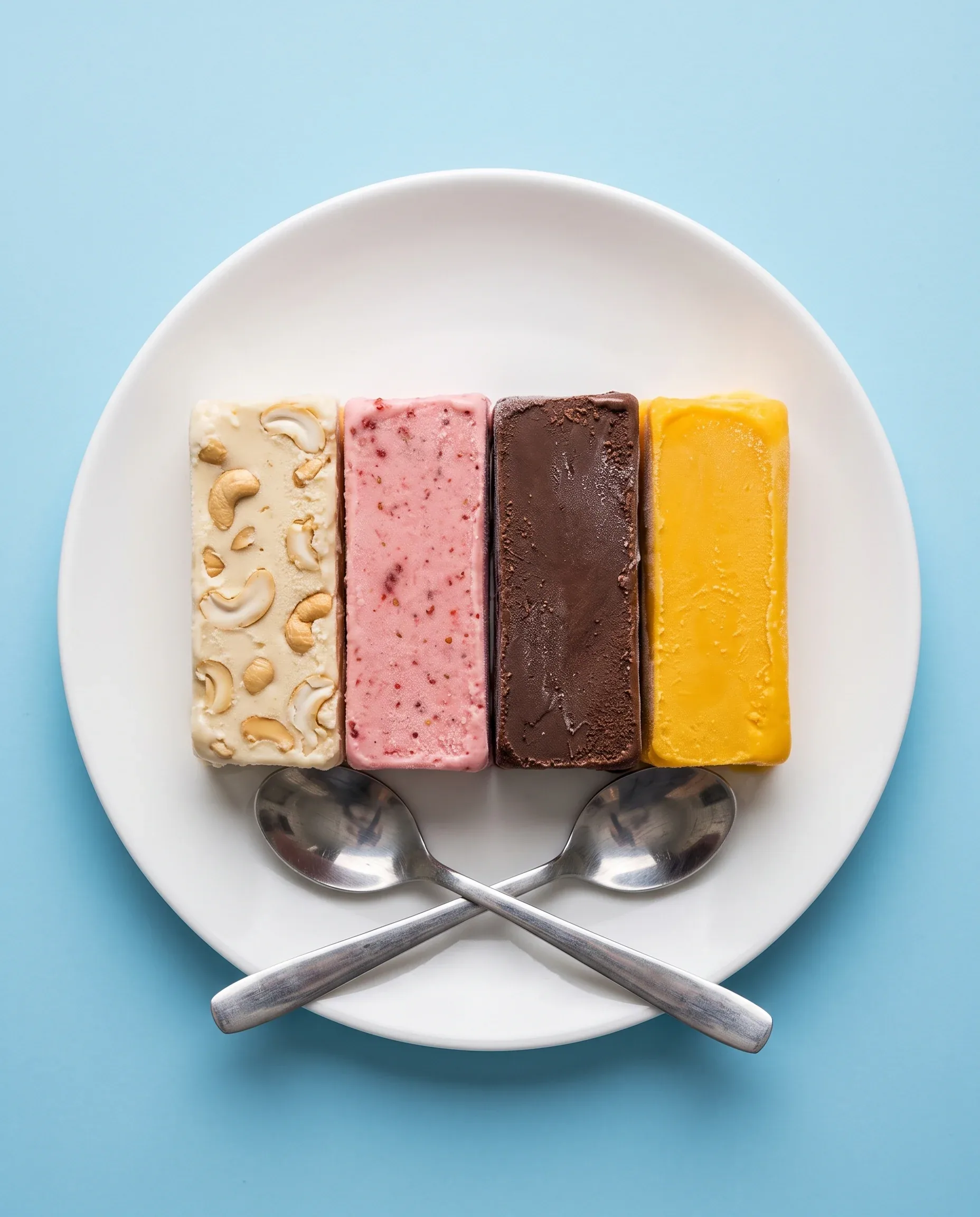 A quartet of rectangular kulfi slices, featuring distinct flavors of cashew-studded cream, strawberry, chocol… - AI提示词参考图，来自西西提示词