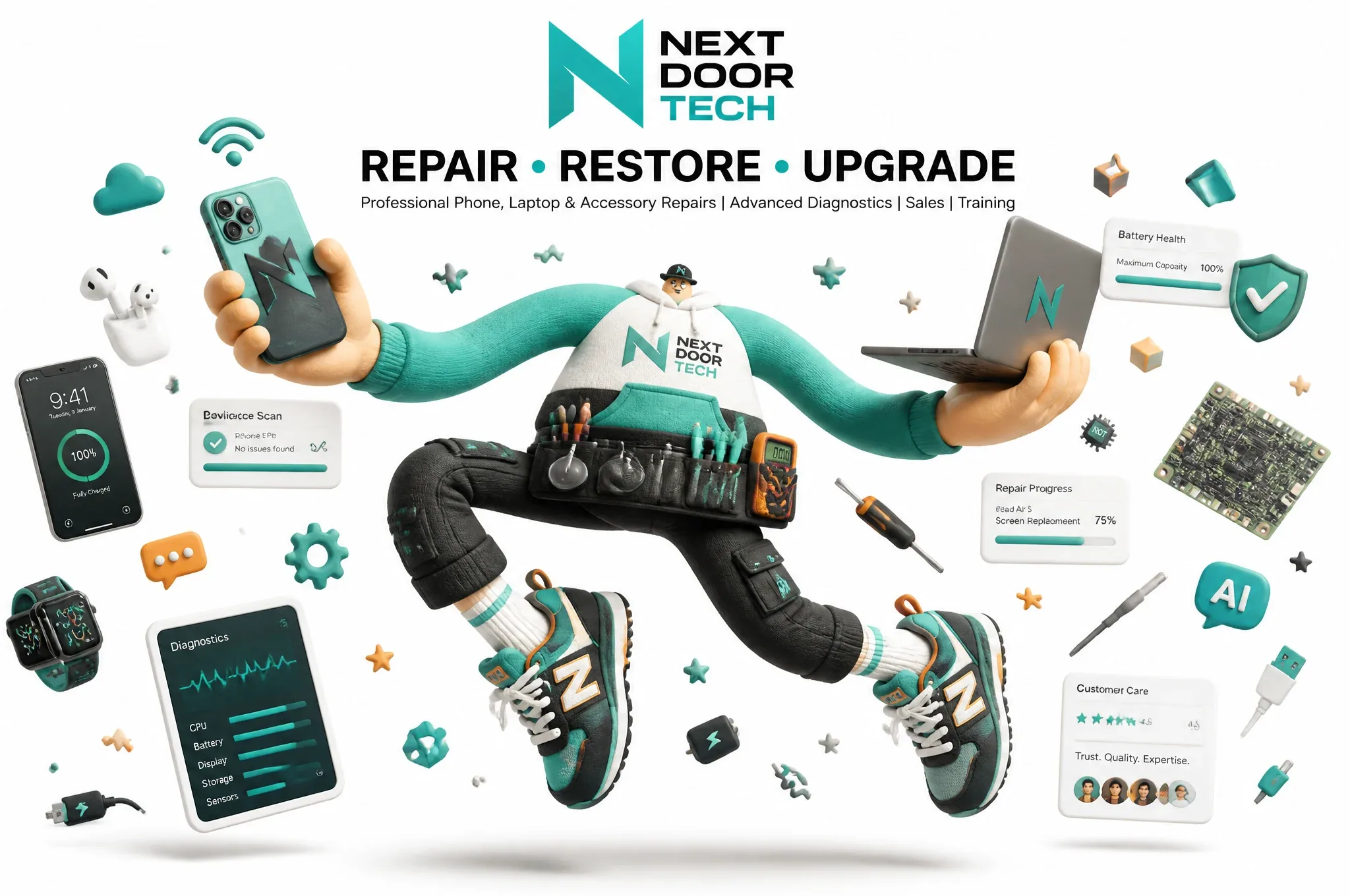 Create a lovable exaggerated cartoon Next Door Tech technician with a tiny head, round chubby body, extra-lon… - AI提示词参考图，来自西西提示词