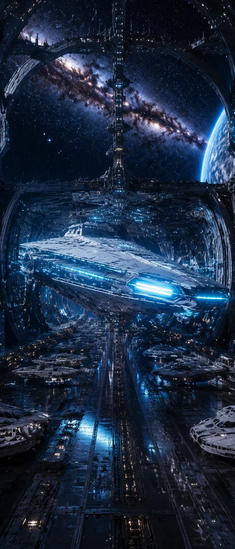 A colossal, sleek white dreadnought-class spaceship with an elongated wedge shape, docked inside a massive, i… - AI prompt reference from CC Prompt Galaxy
