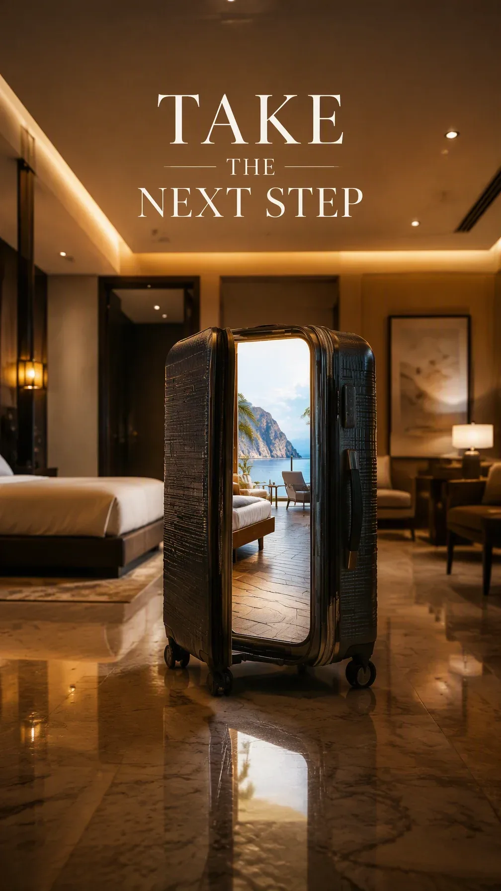 Premium 4:5 travel luggage advertising poster.A premium suitcase standing upright in an empty modern hotel ro… - AI提示词参考图，来自西西提示词
