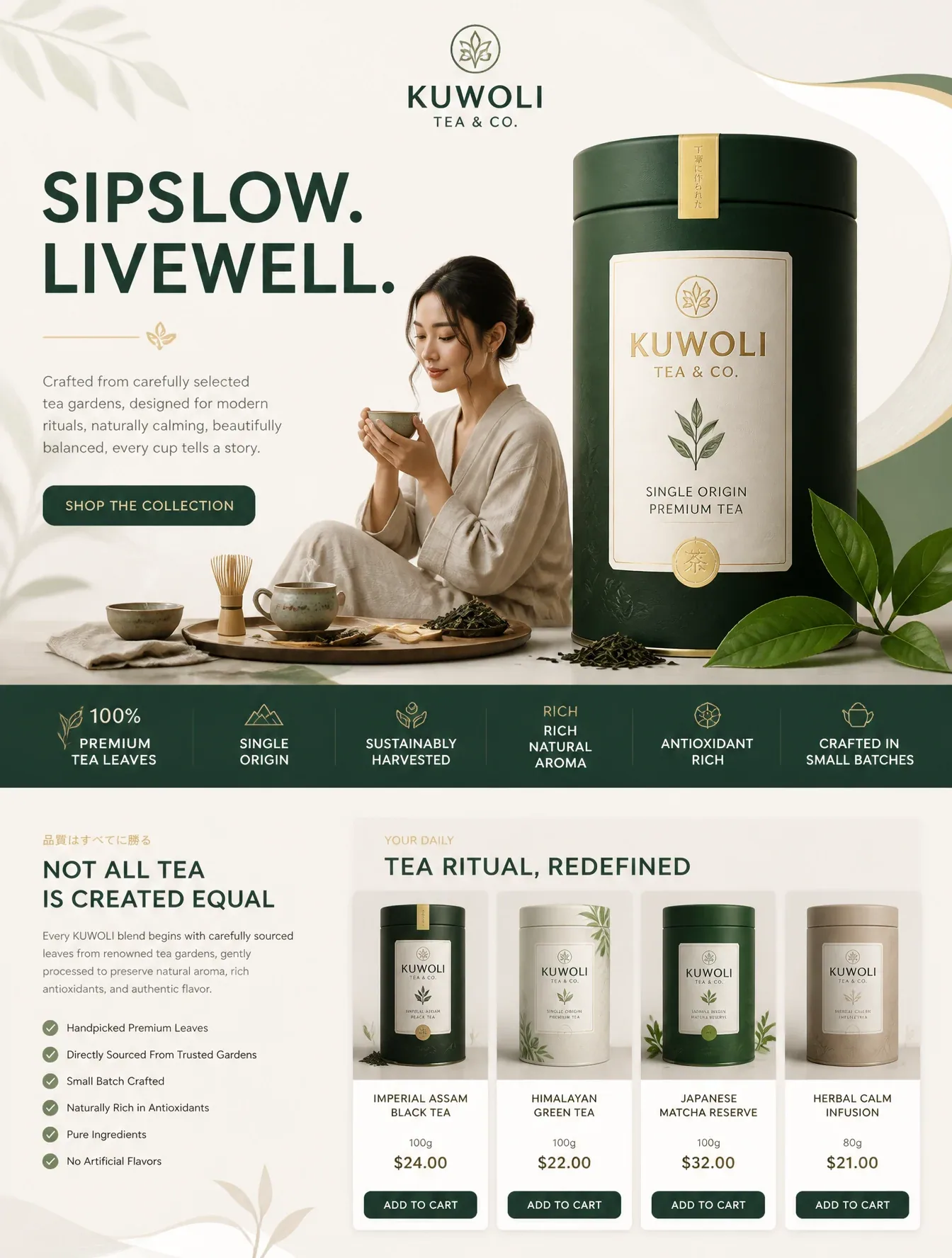 Create a premium luxury advertising poster for "KUWOLI Tea & Co." that blends Japanese tea culture, contempor… - AI提示词参考图，来自西西提示词