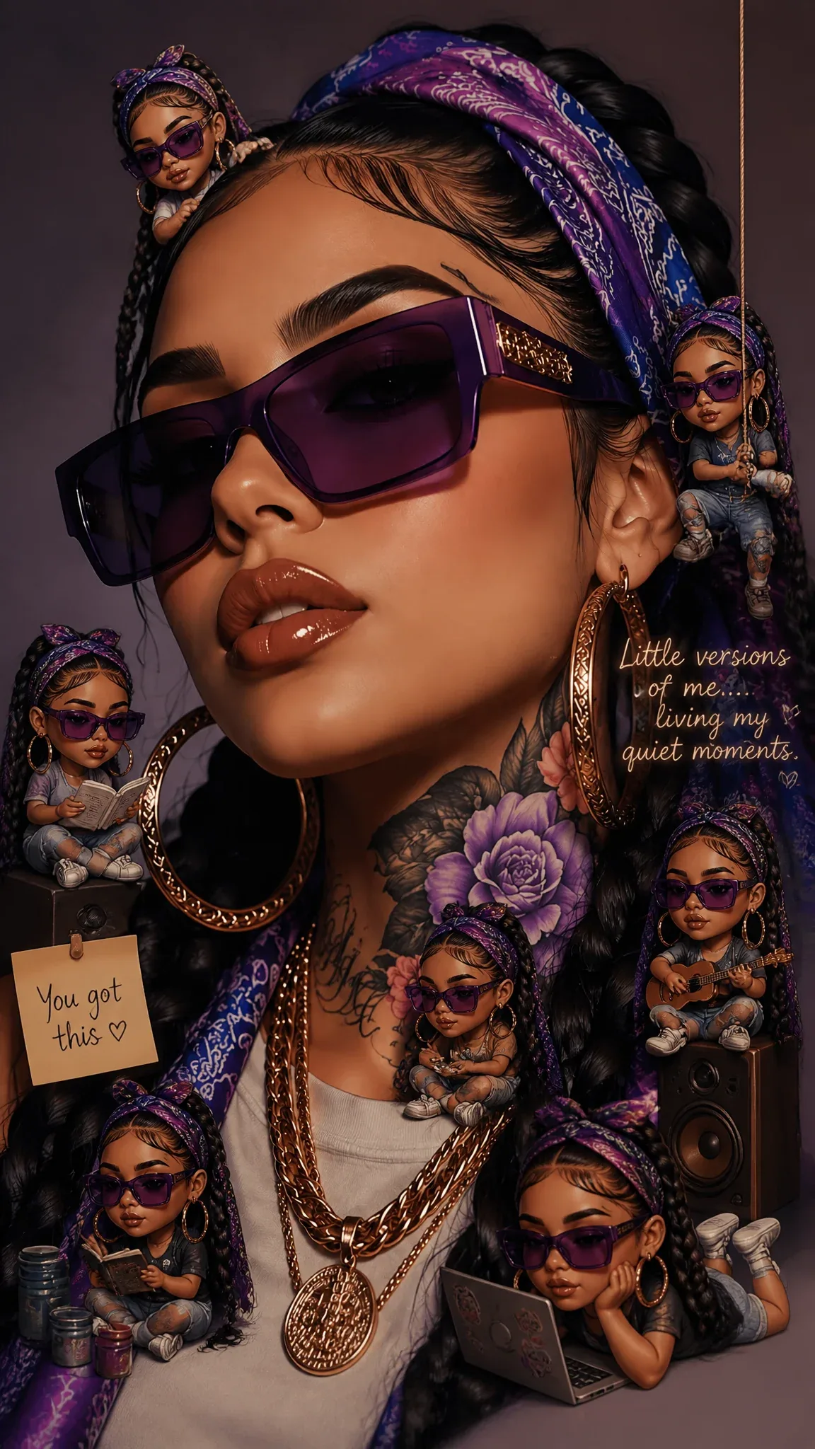An Ultrs-hyper-realistic airbrush glossy image of A stunning, ethereal young woman [image1]Mini “chibi 3D” ve… - AI prompt reference from CC Prompt Galaxy