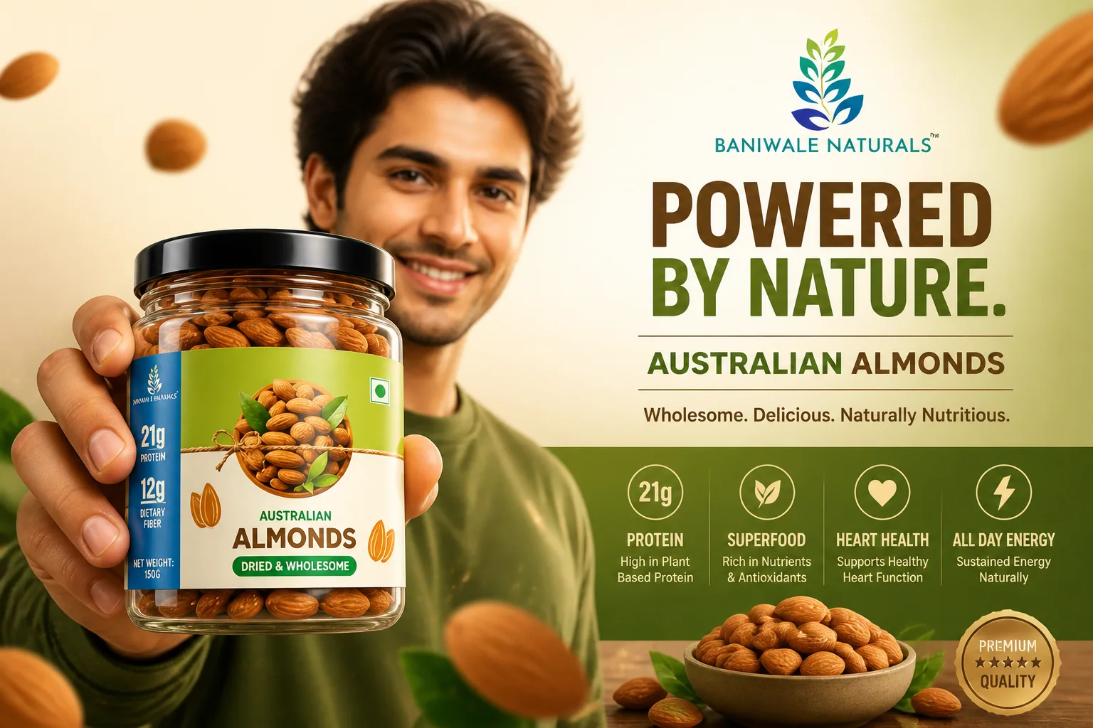 And I share my logo Create a premium advertisement poster for australism almonds. Theme: [light premium] grad… - AI提示词参考图，来自西西提示词