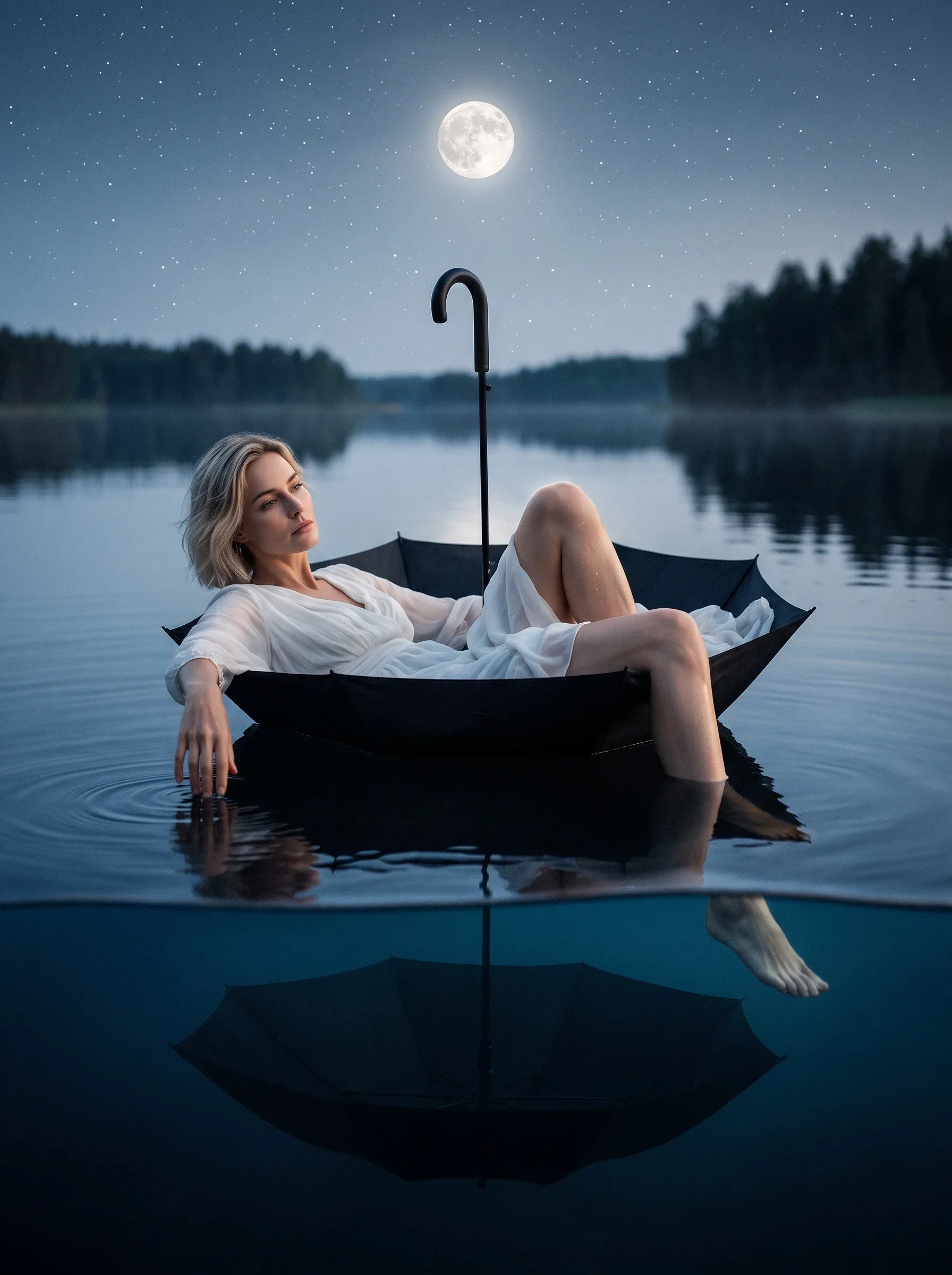 Subject & Action A surreal fine-art portrait of a woman resting inside an upturned black umbrella floating li… - AI prompt reference from CC Prompt Galaxy