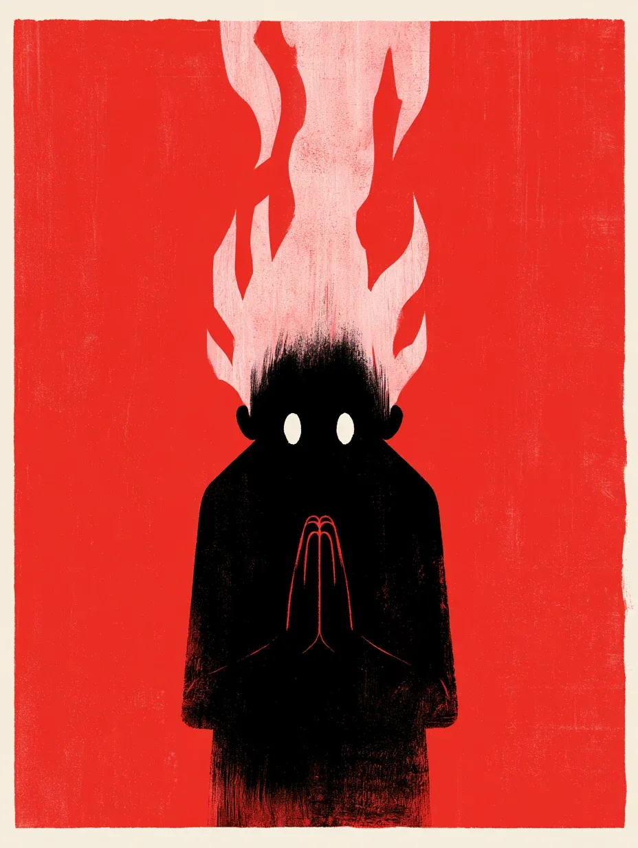 A stark graphic illustration centers a faceless, black-clad figure seated or standing frontally with hands pr… - AI提示词参考图，来自西西提示词