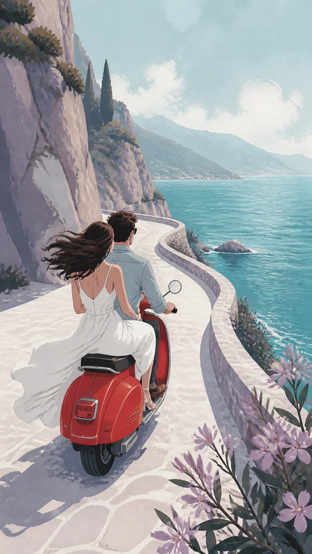 Editorial illustration of a young couple riding a bright red vintage scooter along a coastal road. The man dr… - AI提示词参考图，来自西西提示词