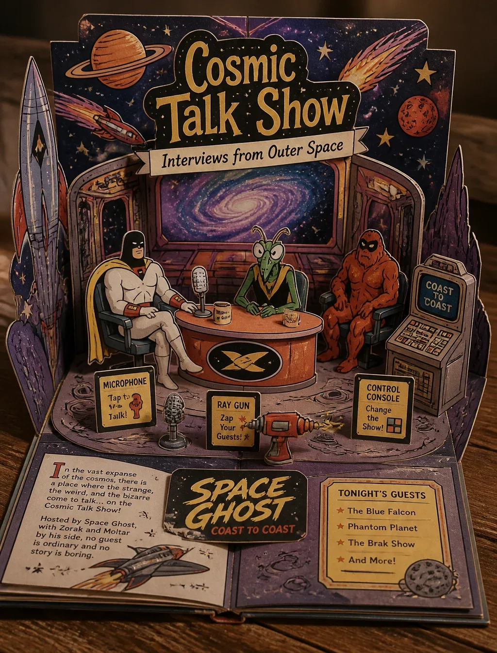 Create a Space Ghost Coast to Coast-themed 3D pop-up papercraft storybook diorama on rustic table, elevated v… - AI prompt reference from CC Prompt Galaxy