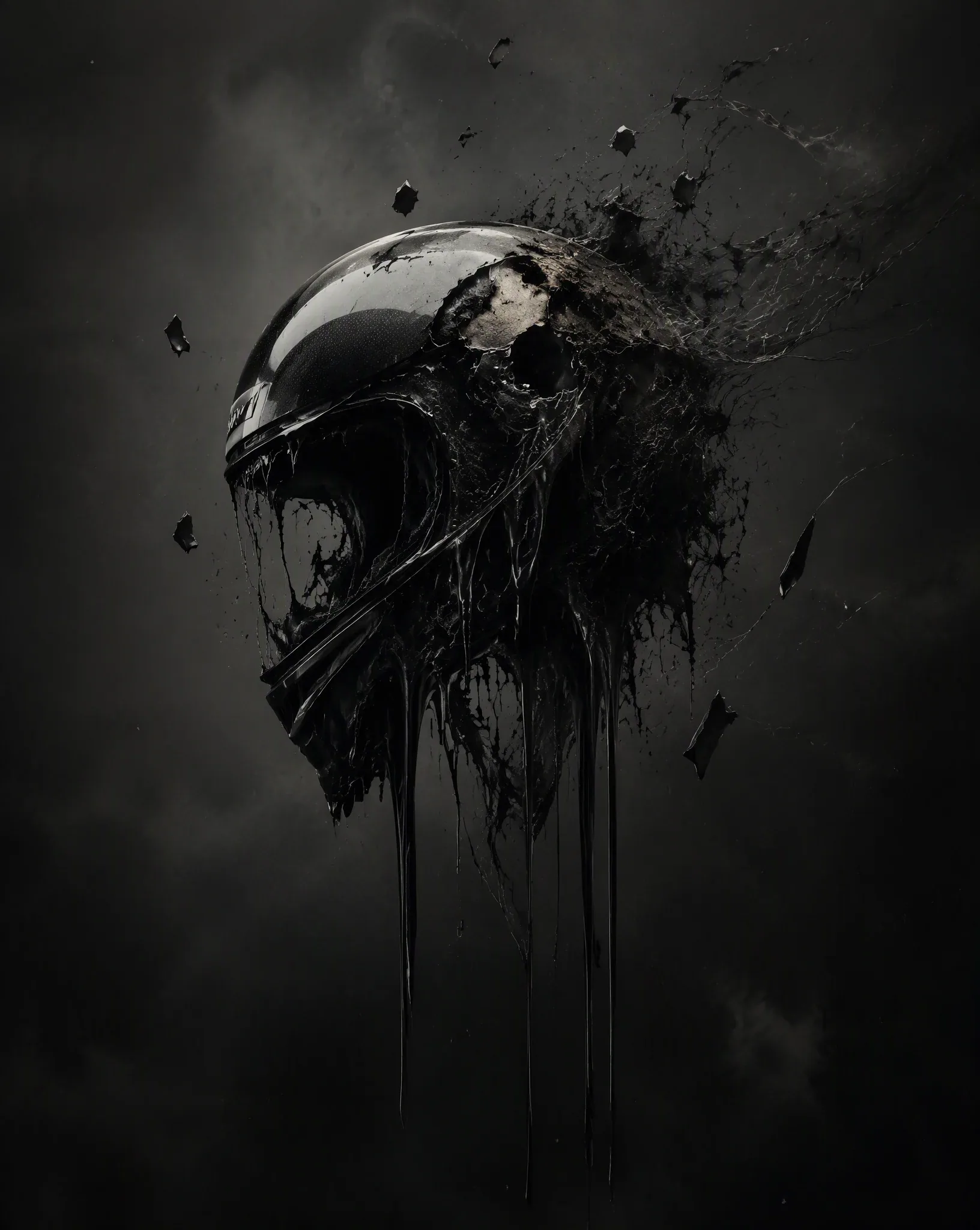 A dark surreal conceptual editorial poster featuring a futuristic black motorcycle helmet suspended in an end… - AI提示词参考图，来自西西提示词