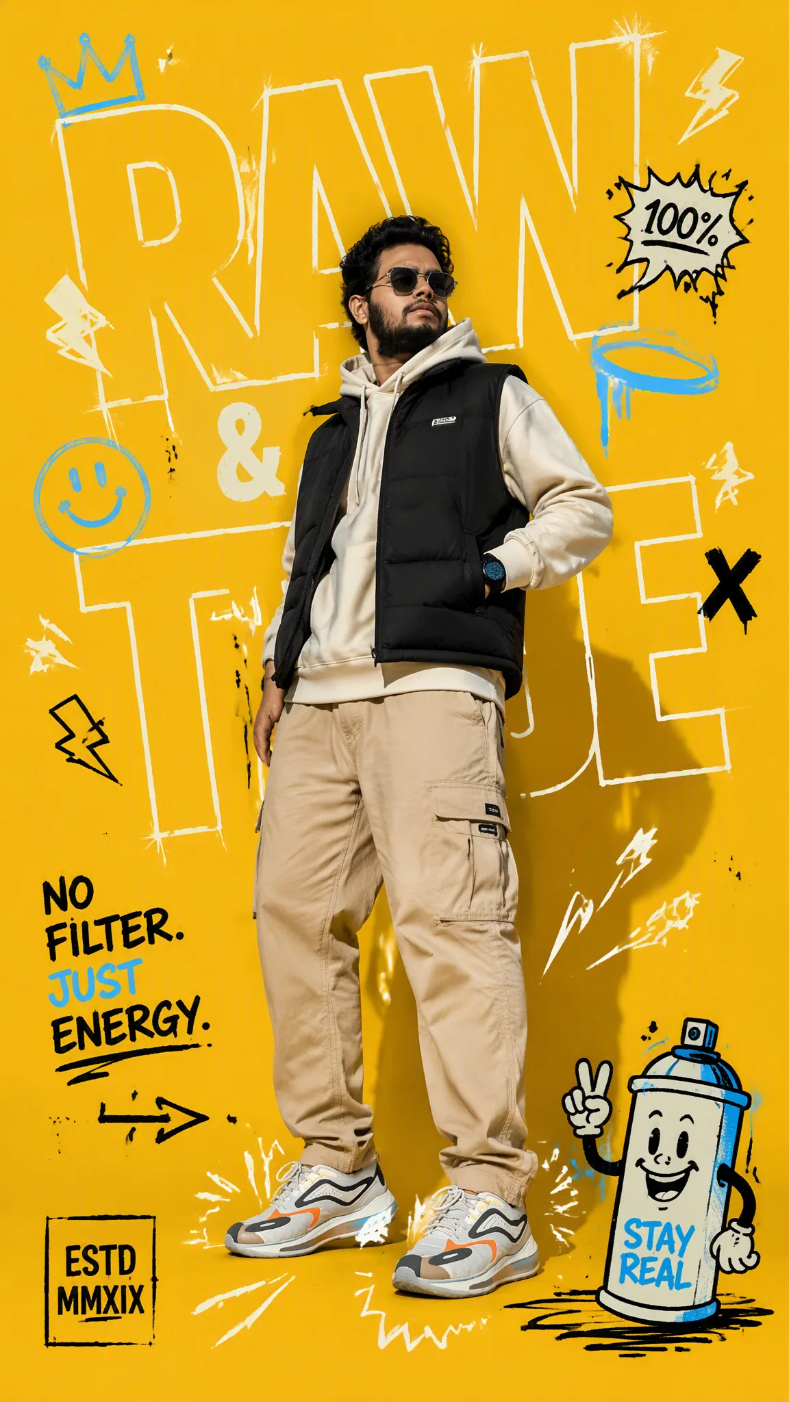 STREETWEAR GRAPHIC COLLAGE SYSTEM A premium full-body fashion editorial scene designed for a modern youth-cul… - AI提示词参考图，来自西西提示词
