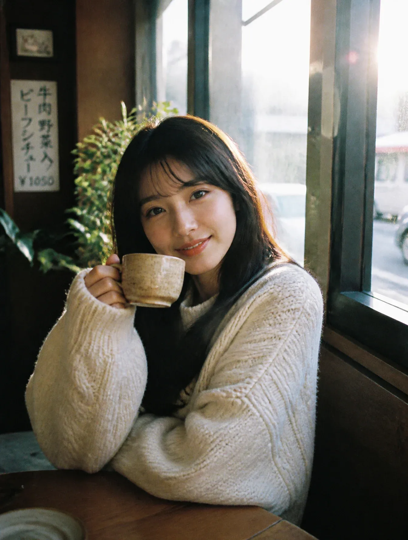 Portrait of a beautiful Japanese woman sitting beside a window inside a cozy Tokyo café in 1994, relaxed smil… - AI提示词参考图，来自西西提示词