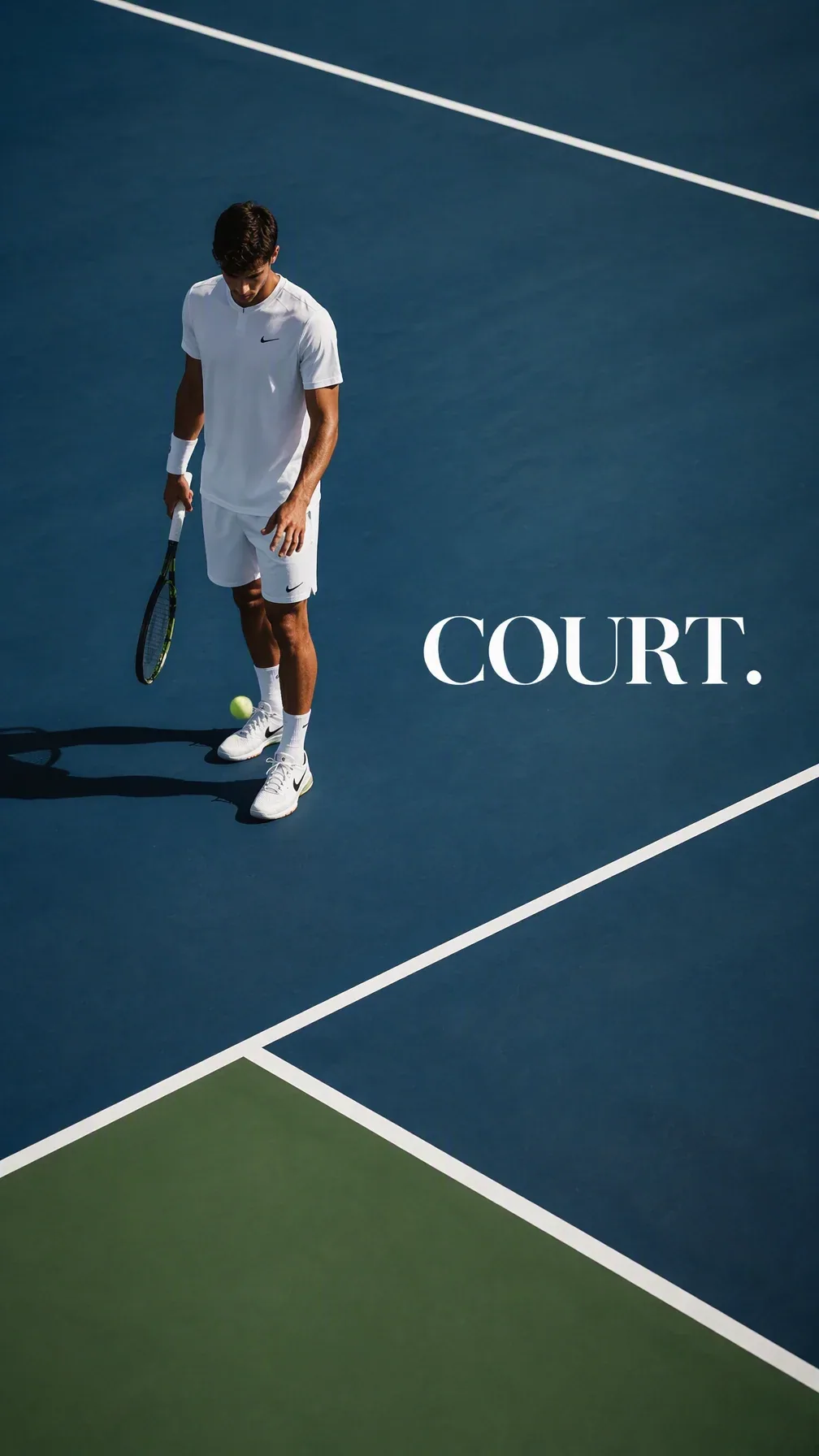 Create a premium 9:16 tennis editorial.Main Subject: Young male tennis player standing alone on an empty hard… - AI提示词参考图，来自西西提示词