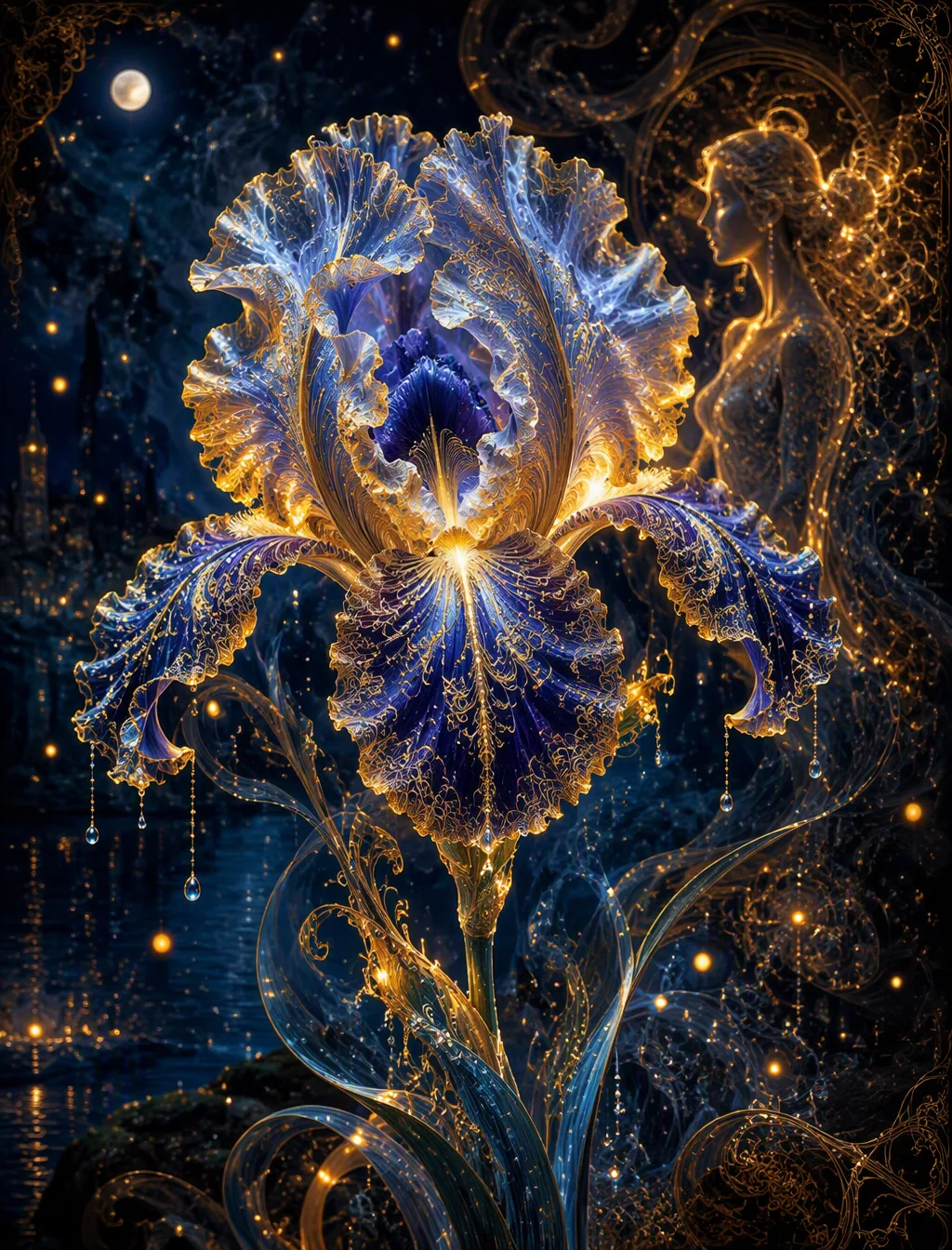 A mesmerizing digital close-up of a mystical, unreal iris flower, meticulously crafted from swirling smoke an… - AI提示词参考图，来自西西提示词