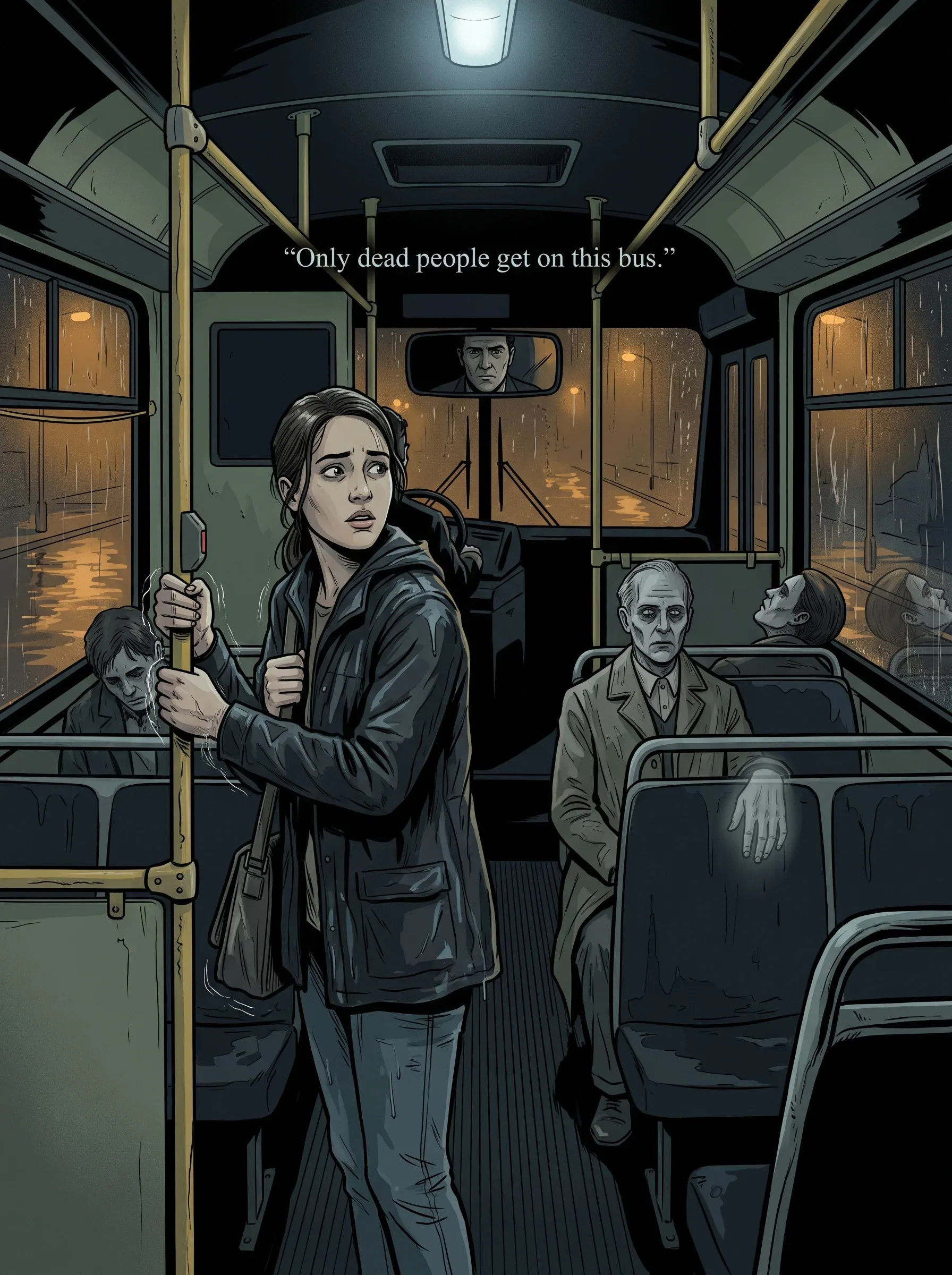 Create a cinematic supernatural horror image of a young woman who has just boarded the final midnight bus. Sh… - AI提示词参考图，来自西西提示词