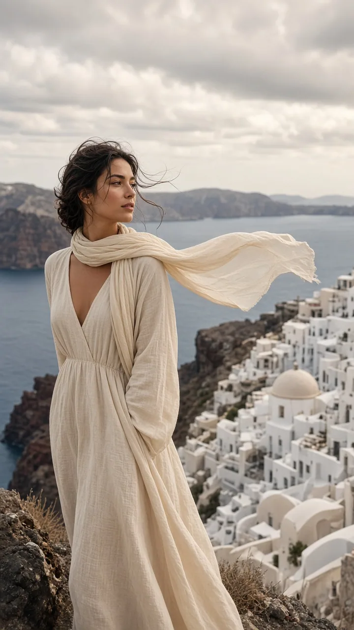 { "prompt": "Cinematic portrait of a young woman standing on a cliff overlooking Santorini, with whitewashed … - AI提示词参考图，来自西西提示词