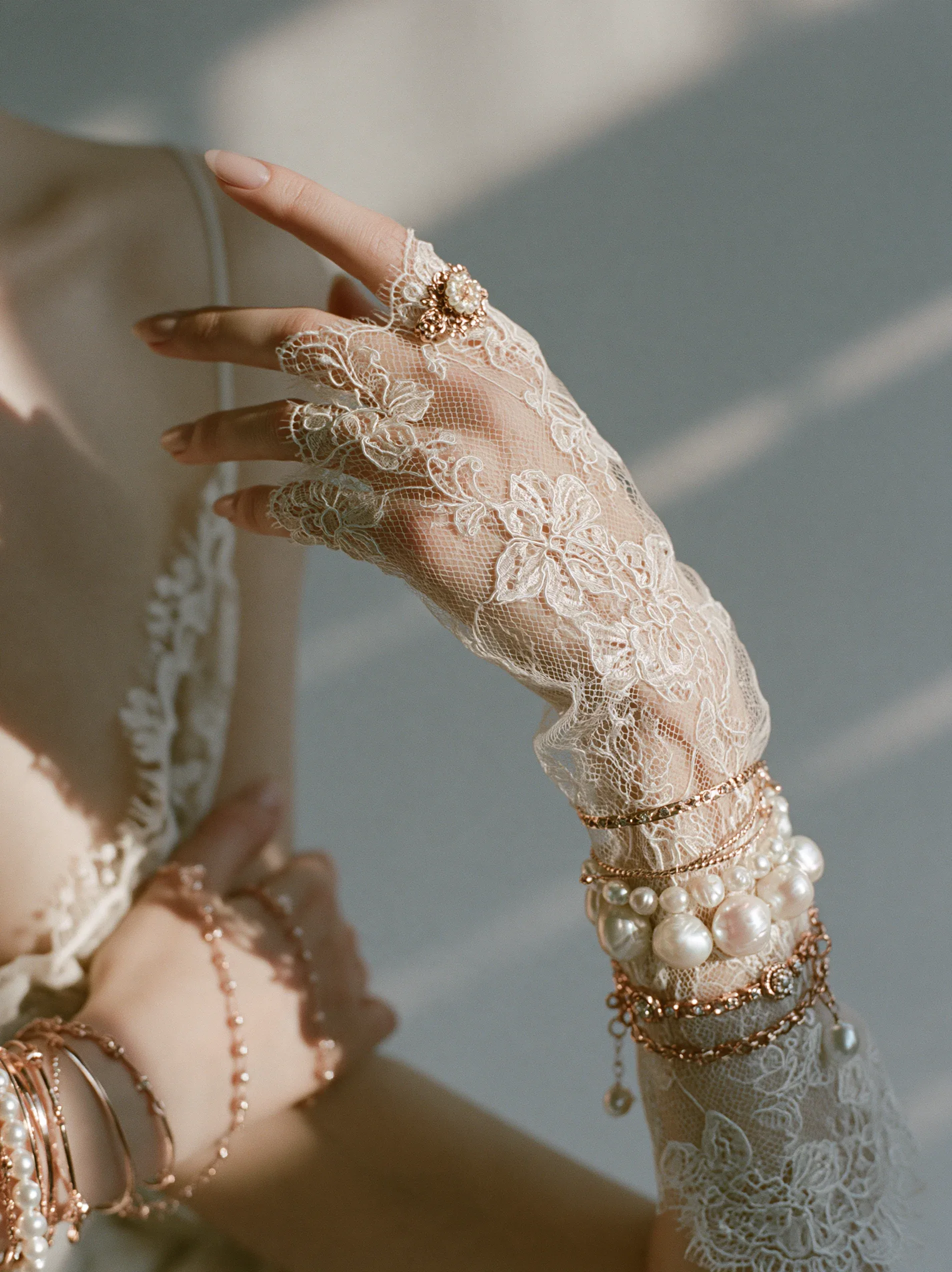 Editorial studio image of a hand wearing an intricate ivory lace glove with floral detailing, delicate and re… - AI提示词参考图，来自西西提示词