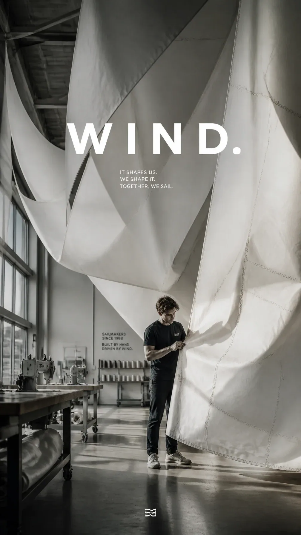 Premium editorial campaign. Main Subject: Young sailmaker inside a yacht sail workshop. Creative Direction: M… - AI提示词参考图，来自西西提示词