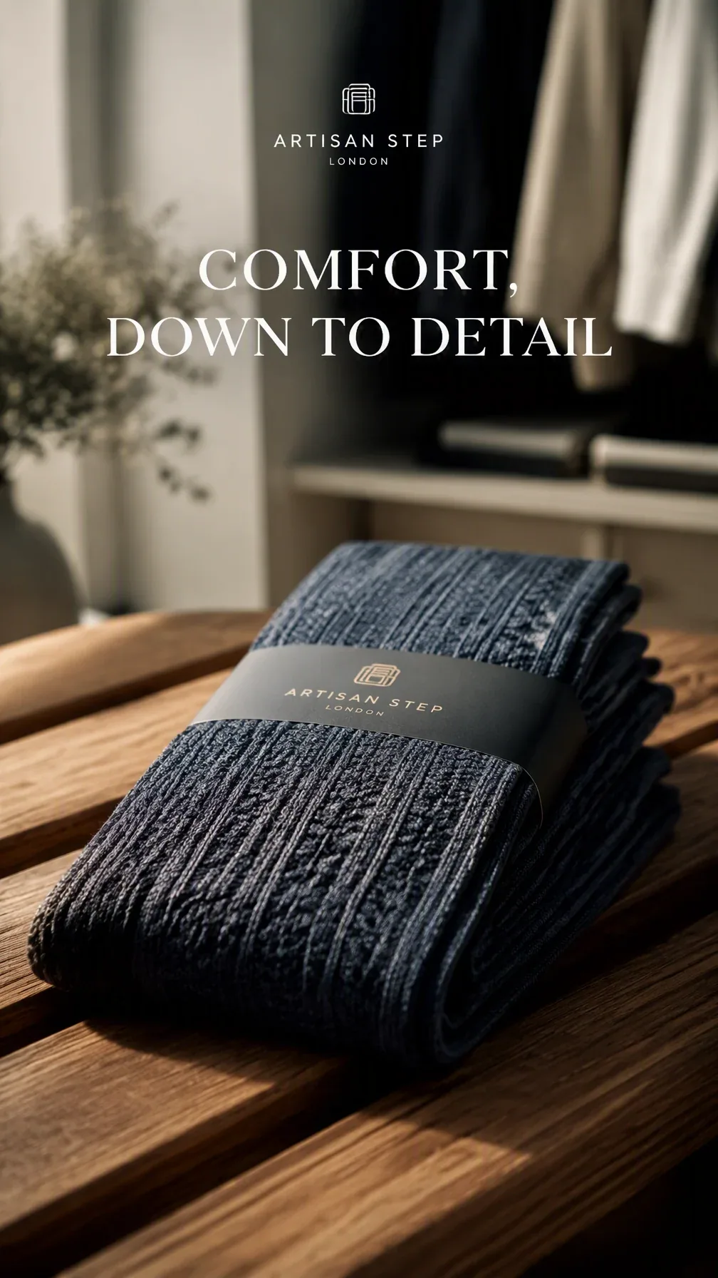 Premium 4:5 advertising poster for a luxury sock brand. A folded pair of premium socks placed on a minimalist… - AI提示词参考图，来自西西提示词